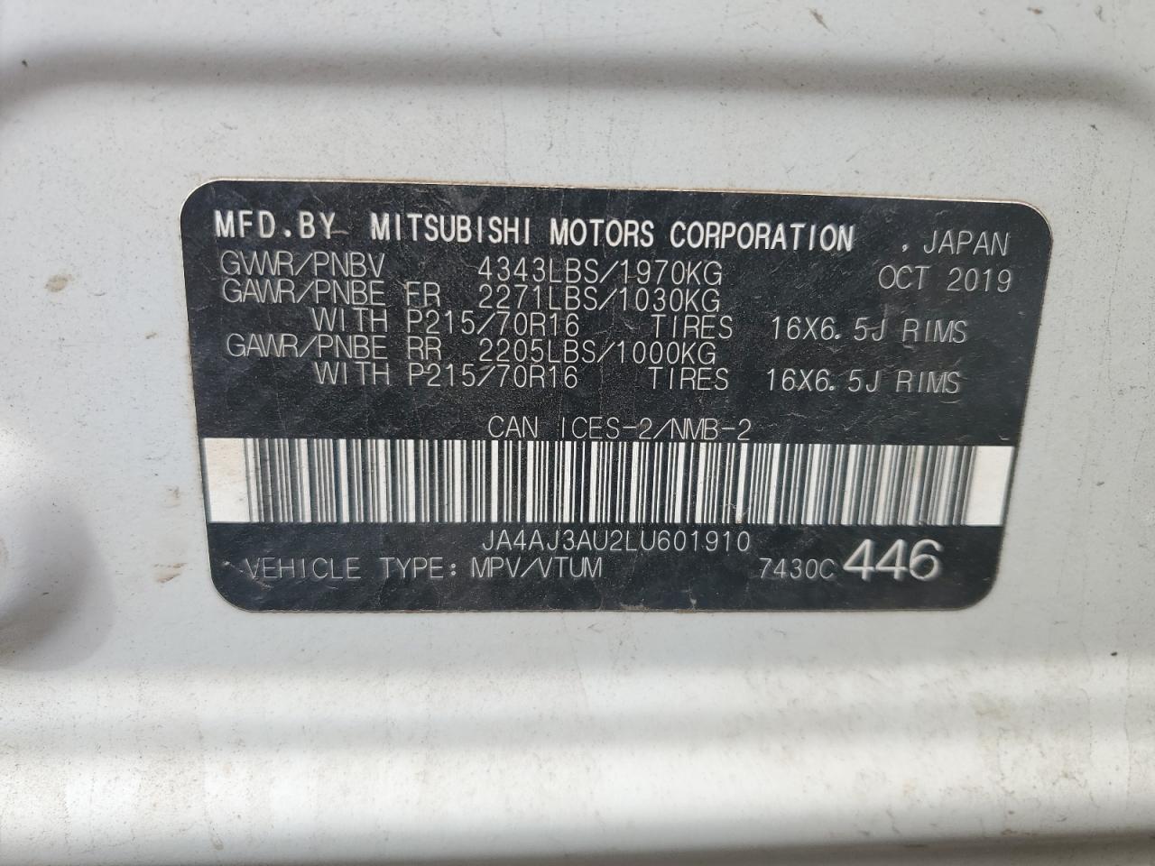 2020 Mitsubishi Rvr Es VIN: JA4AJ3AU2LU601910 Lot: 71599575