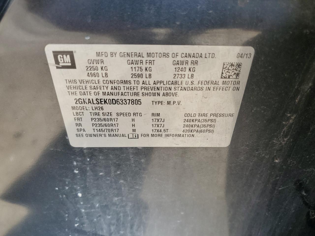 2013 GMC Terrain Sle VIN: 2GKALSEK0D6337805 Lot: 70938475