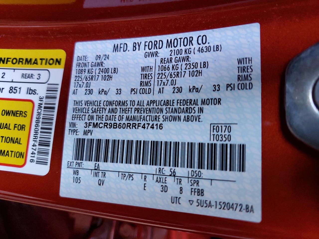 2024 Ford Bronco Sport Big Bend VIN: 3FMCR9B60RRF47416 Lot: 71555035