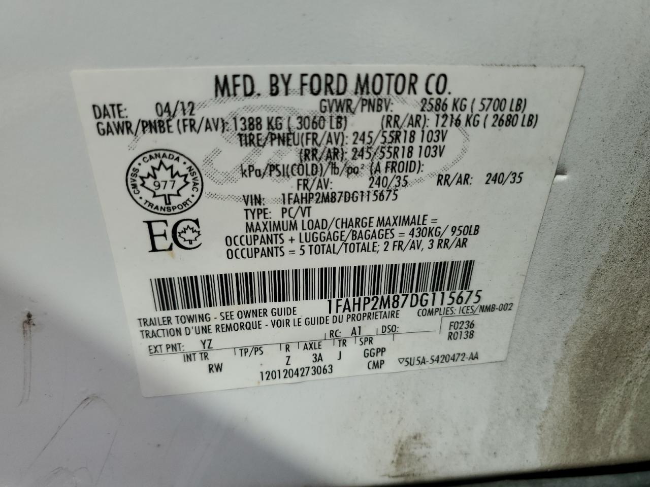 2013 Ford Taurus Police Interceptor VIN: 1FAHP2M87DG115675 Lot: 71504275