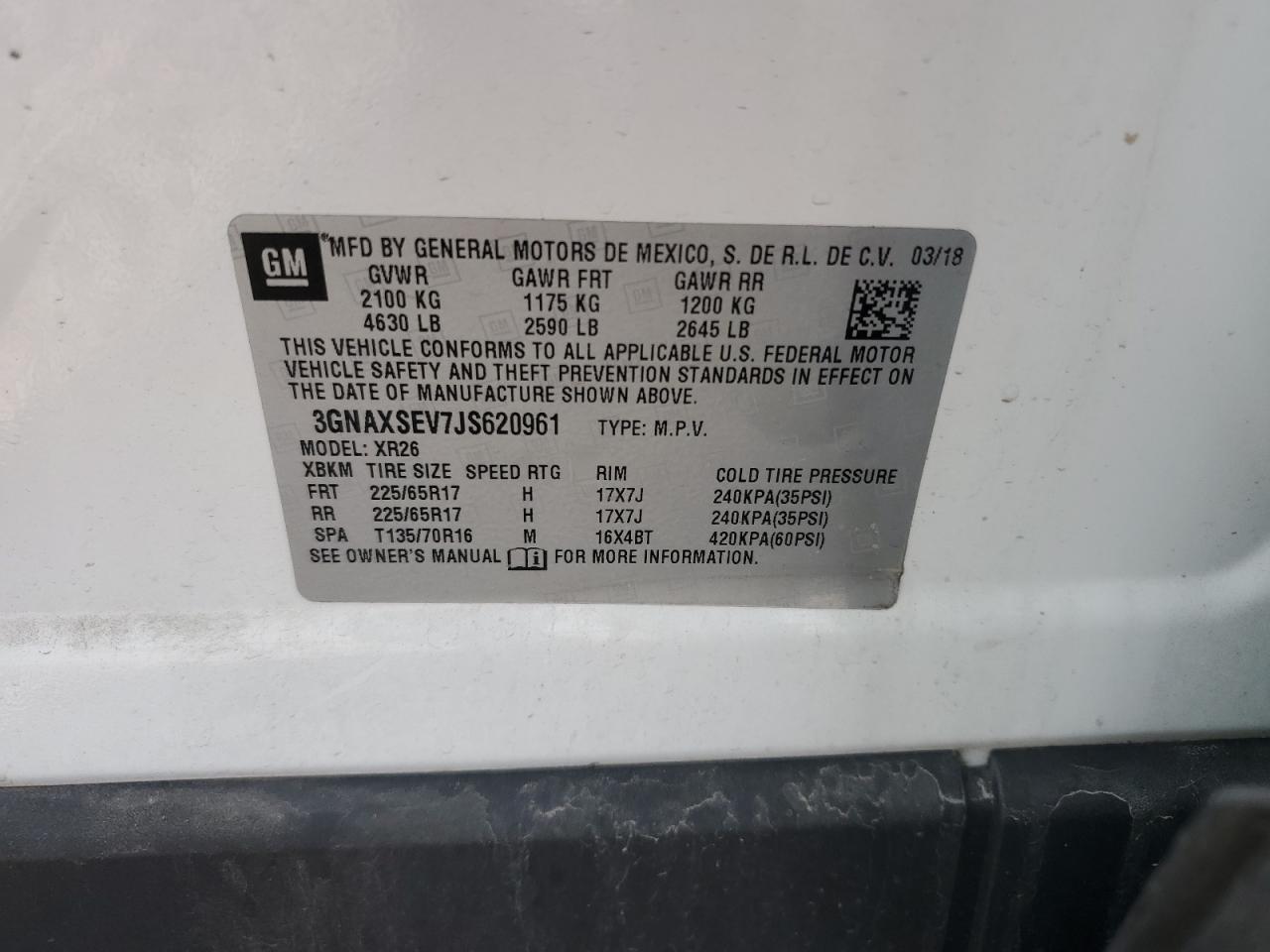 2018 Chevrolet Equinox Lt VIN: 3GNAXSEV7JS620961 Lot: 71285775