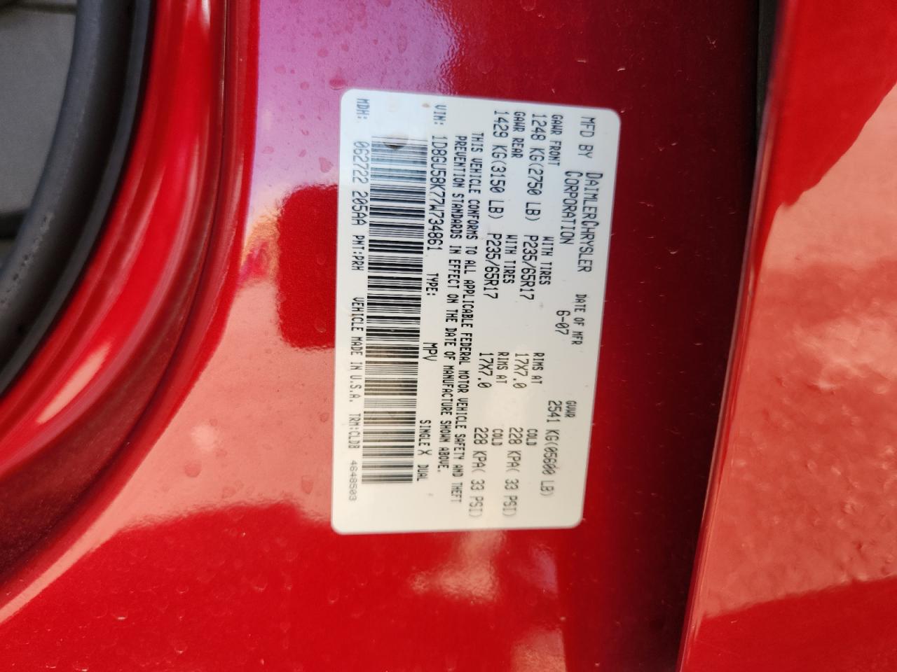 2007 Dodge Nitro Slt VIN: 1D8GU58K77W734861 Lot: 80159575