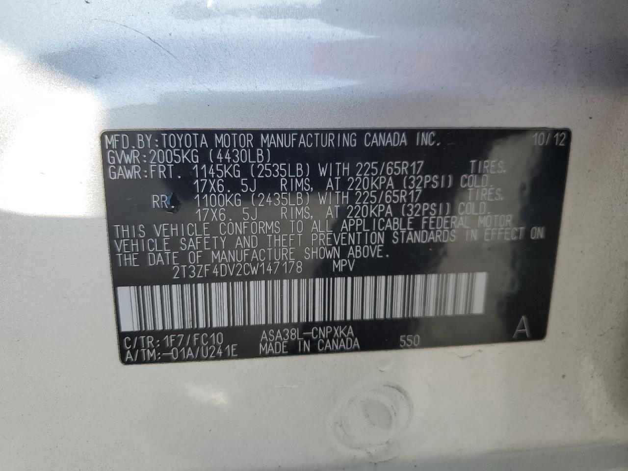 2012 Toyota Rav4 VIN: 2T3ZF4DV2CW147178 Lot: 71322685