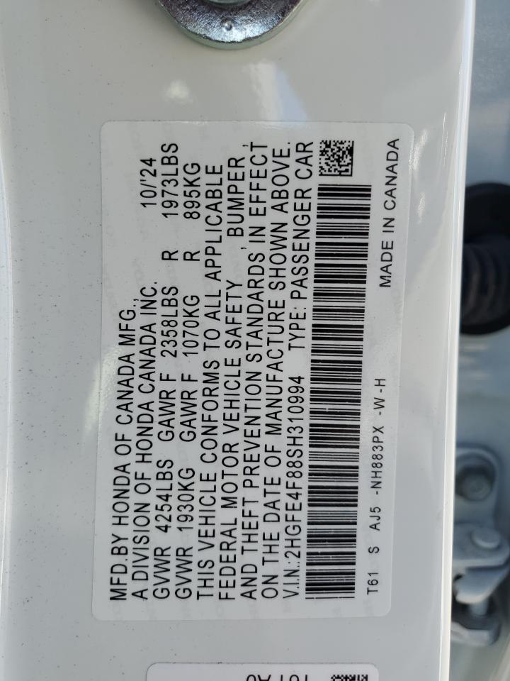 2025 Honda Civic Sport VIN: 2HGFE4F88SH310994 Lot: 72043745