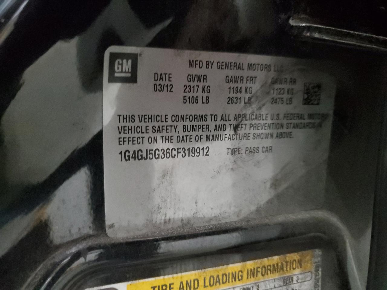 2012 Buick Lacrosse Touring VIN: 1G4GJ5G36CF319912 Lot: 84469155