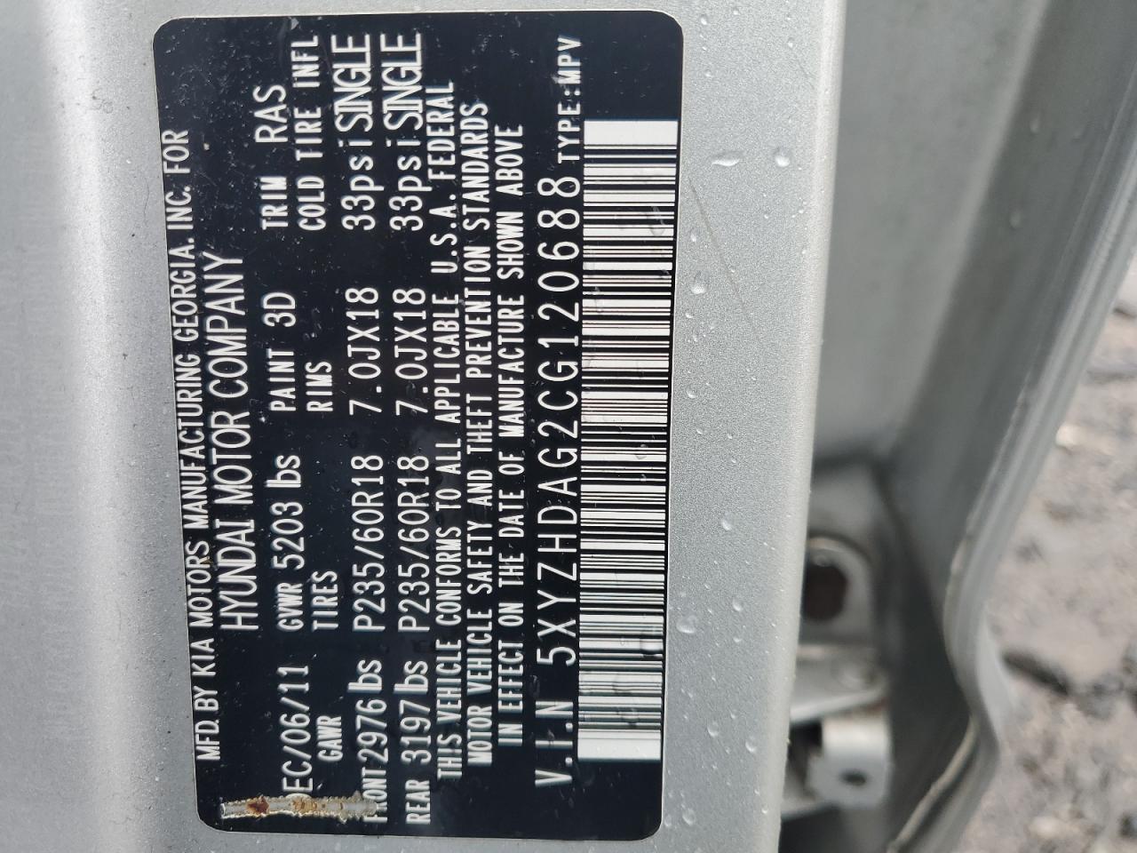 2012 Hyundai Santa Fe Se VIN: 5XYZHDAG2CG120688 Lot: 81621865