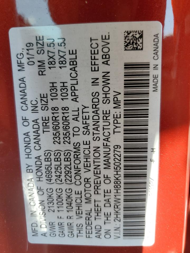 2019 Honda Cr-V Exl VIN: 2HKRW1H88KH502279 Lot: 70220295