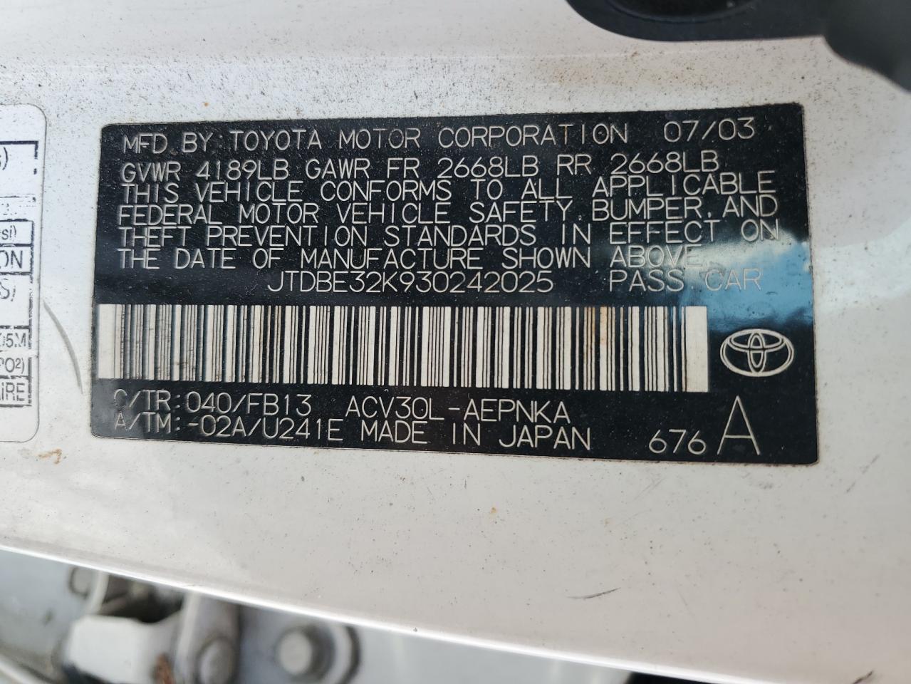 2003 Toyota Camry Le VIN: JTDBE32K930242025 Lot: 81544865