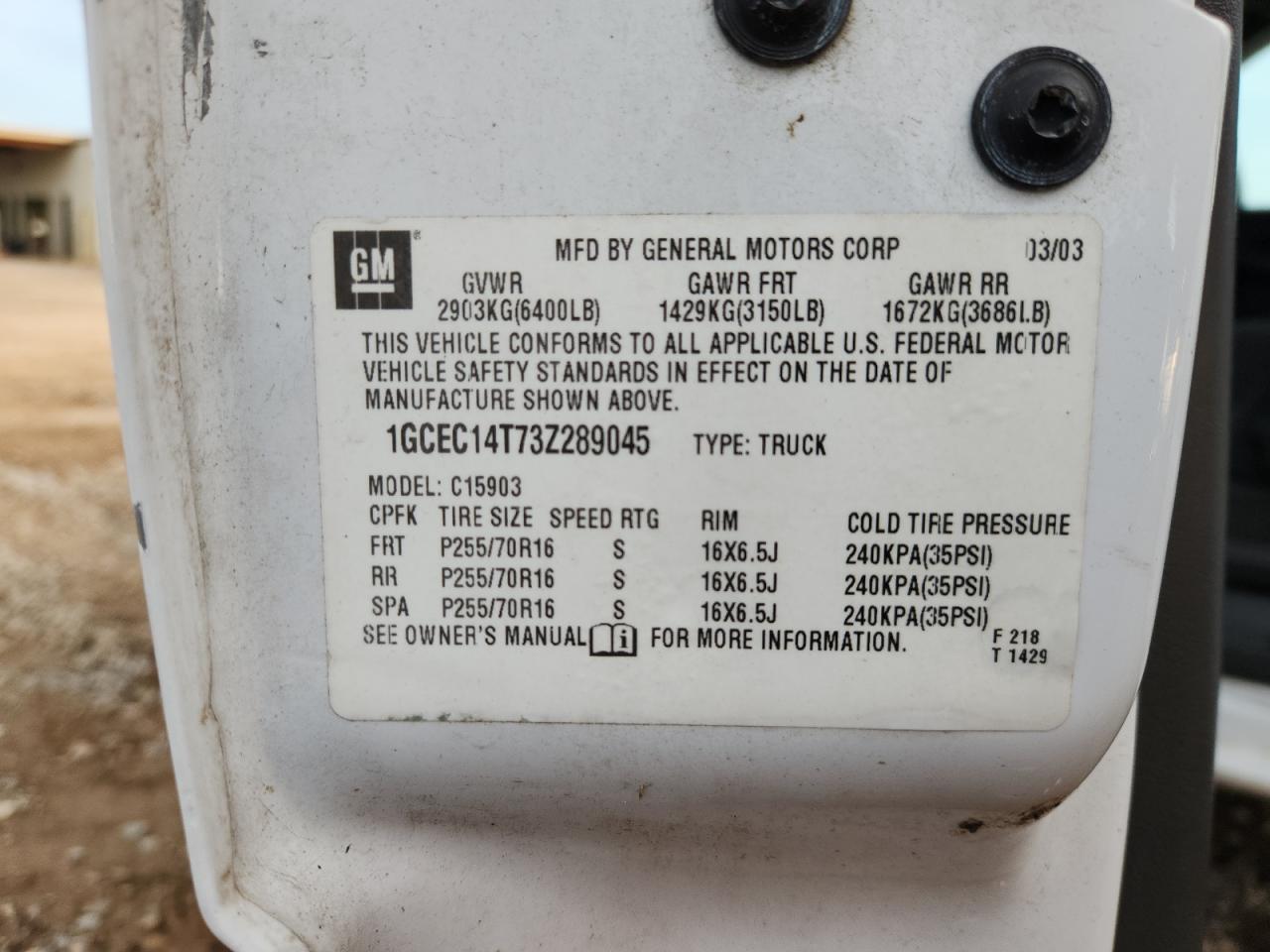 2003 Chevrolet Silverado C1500 VIN: 1GCEC14T73Z289045 Lot: 83783965