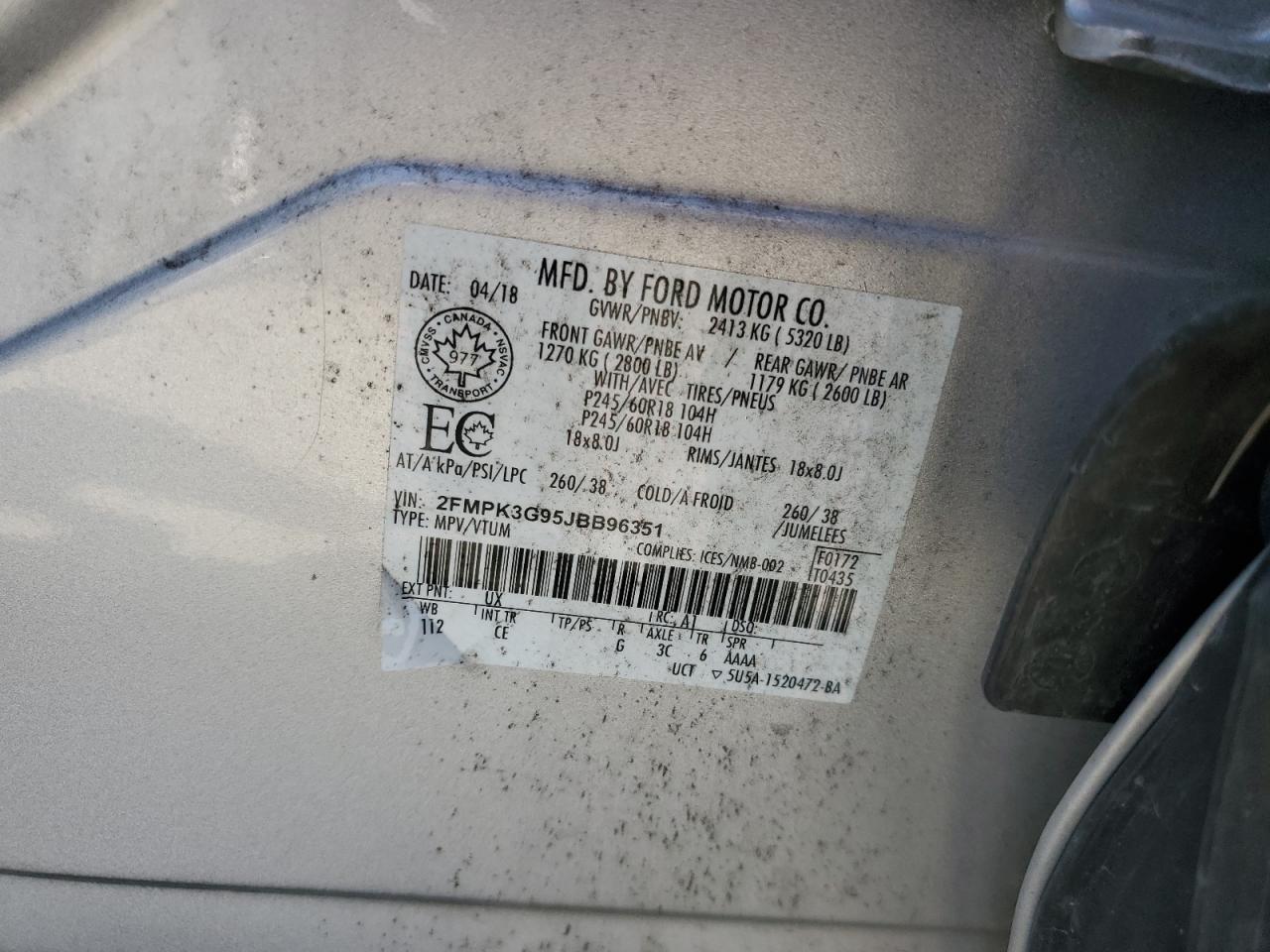 2018 Ford Edge Se VIN: 2FMPK3G95JBB96351 Lot: 81204505