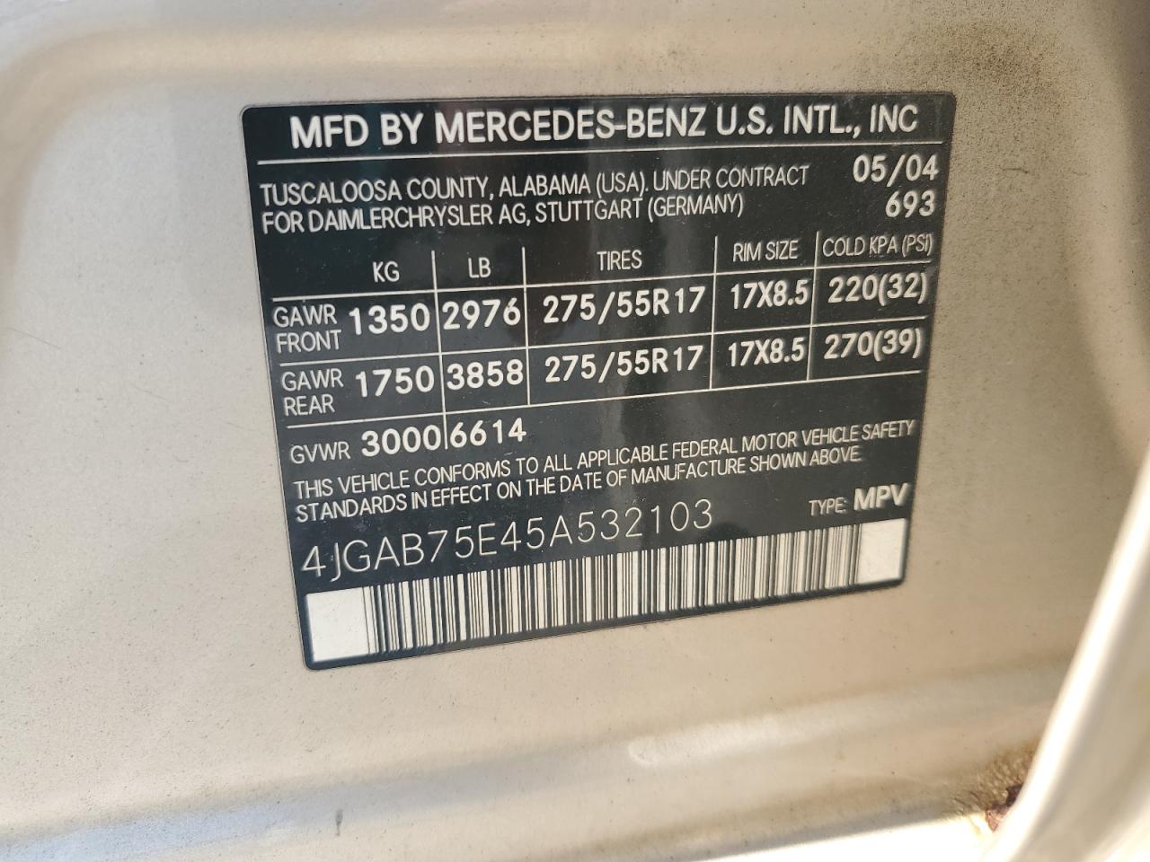 2005 Mercedes-Benz Ml 500 VIN: 4JGAB75E45A532103 Lot: 70284095