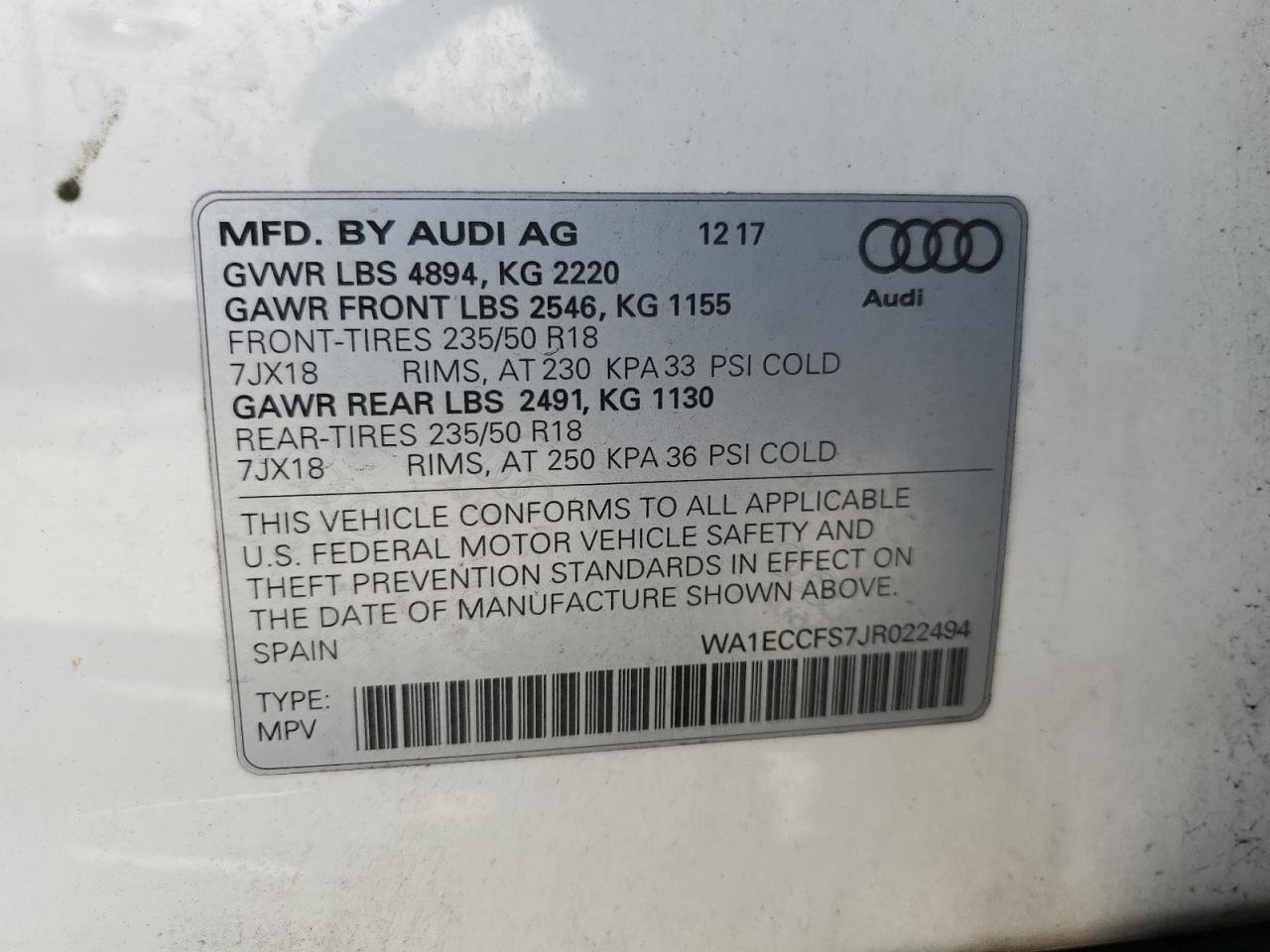 2018 Audi Q3 Premium VIN: WA1ECCFS7JR022494 Lot: 81832255