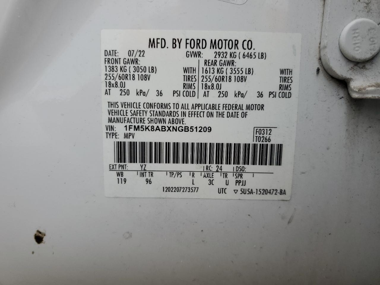 2022 Ford Explorer Police Interceptor VIN: 1FM5K8ABXNGB51209 Lot: 80806915