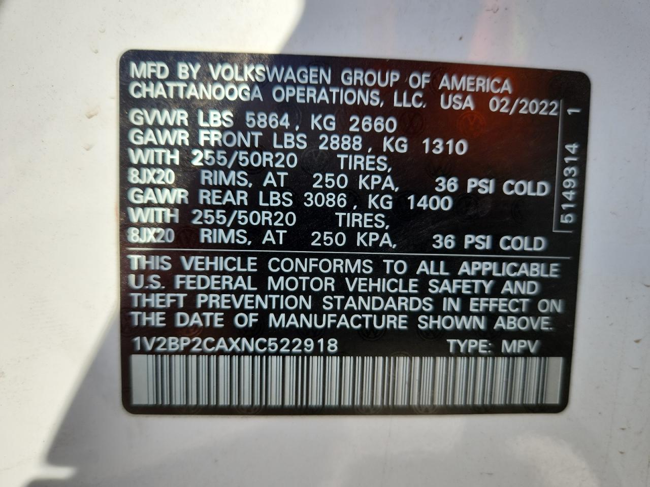 2022 Volkswagen Atlas Sel VIN: 1V2BP2CAXNC522918 Lot: 80961015