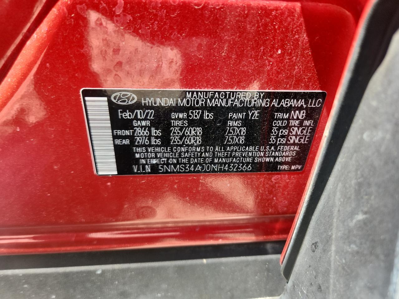 2022 Hyundai Santa Fe Sel VIN: 5NMS34AJ0NH432366 Lot: 71834095