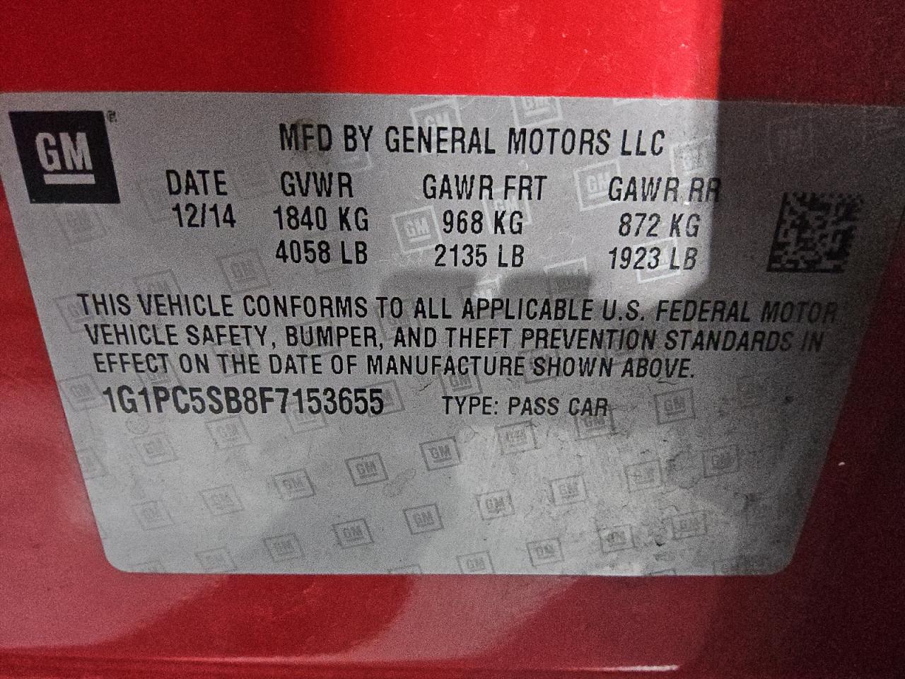 2015 Chevrolet Cruze Lt VIN: 1G1PC5SB8F7153655 Lot: 80951405