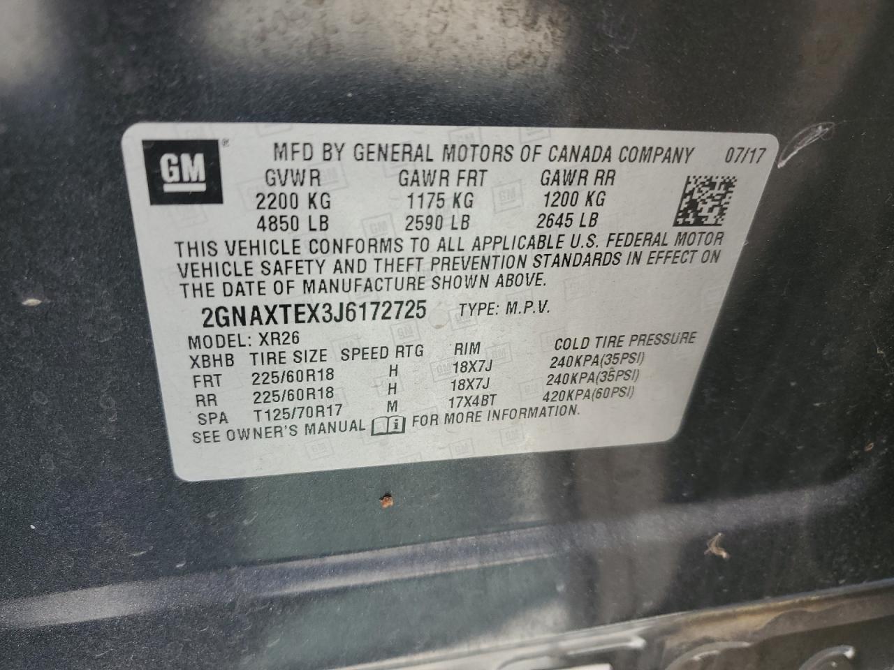 2018 Chevrolet Equinox Lt VIN: 2GNAXTEX3J6172725 Lot: 81639085