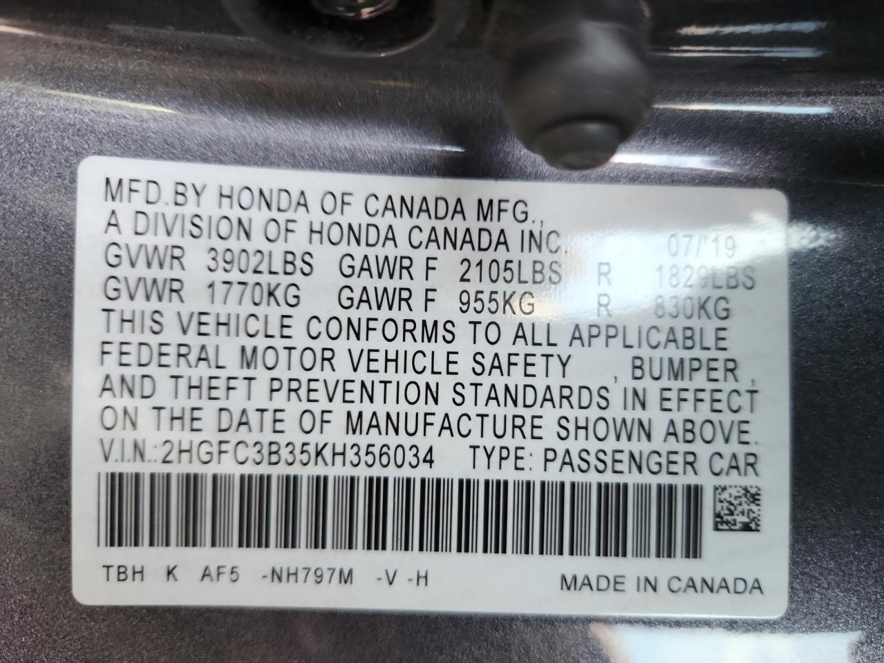 2019 Honda Civic Ex VIN: 2HGFC3B35KH356034 Lot: 80031265