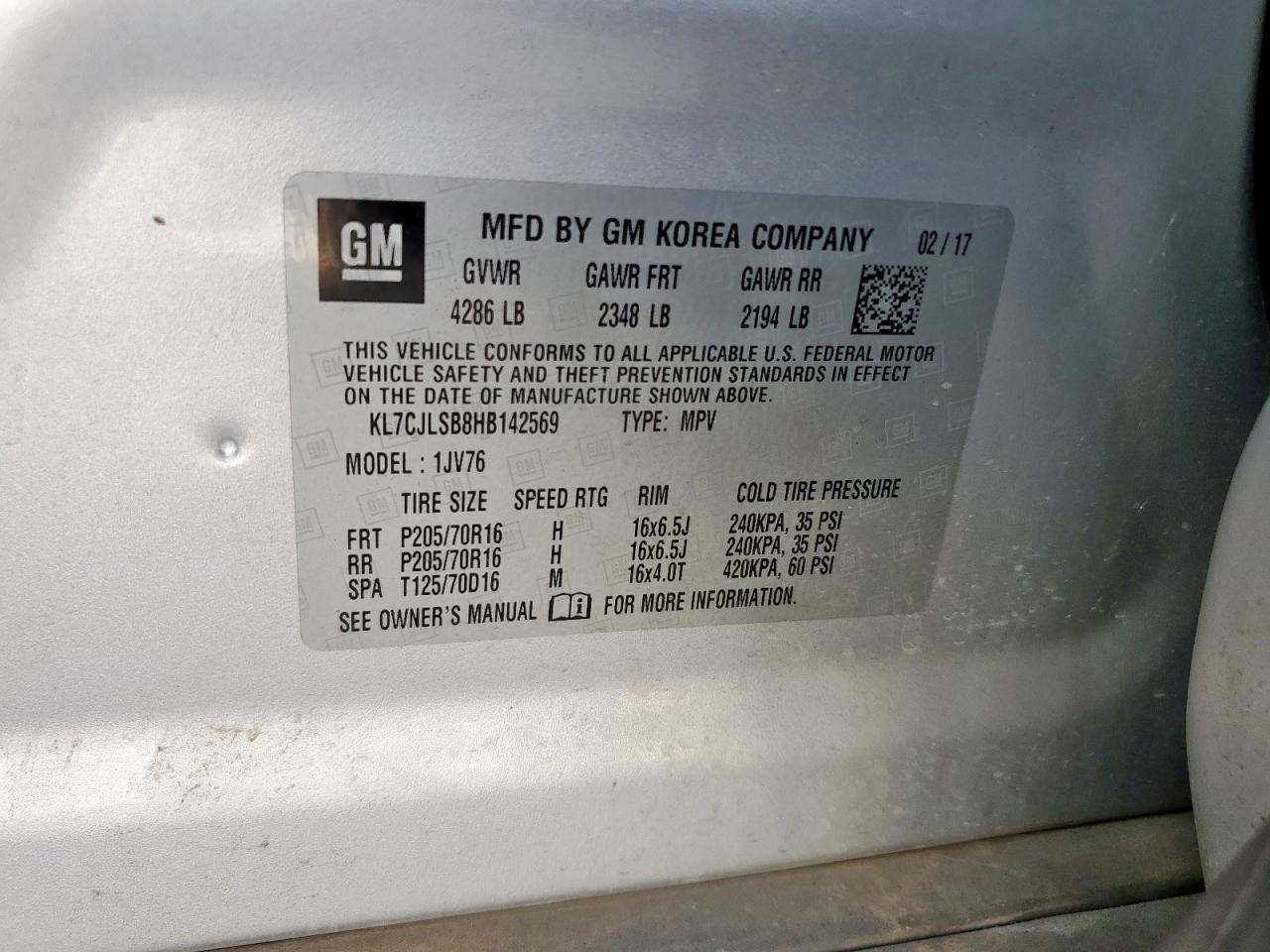 2017 Chevrolet Trax 1Lt VIN: KL7CJLSB8HB142569 Lot: 84568955