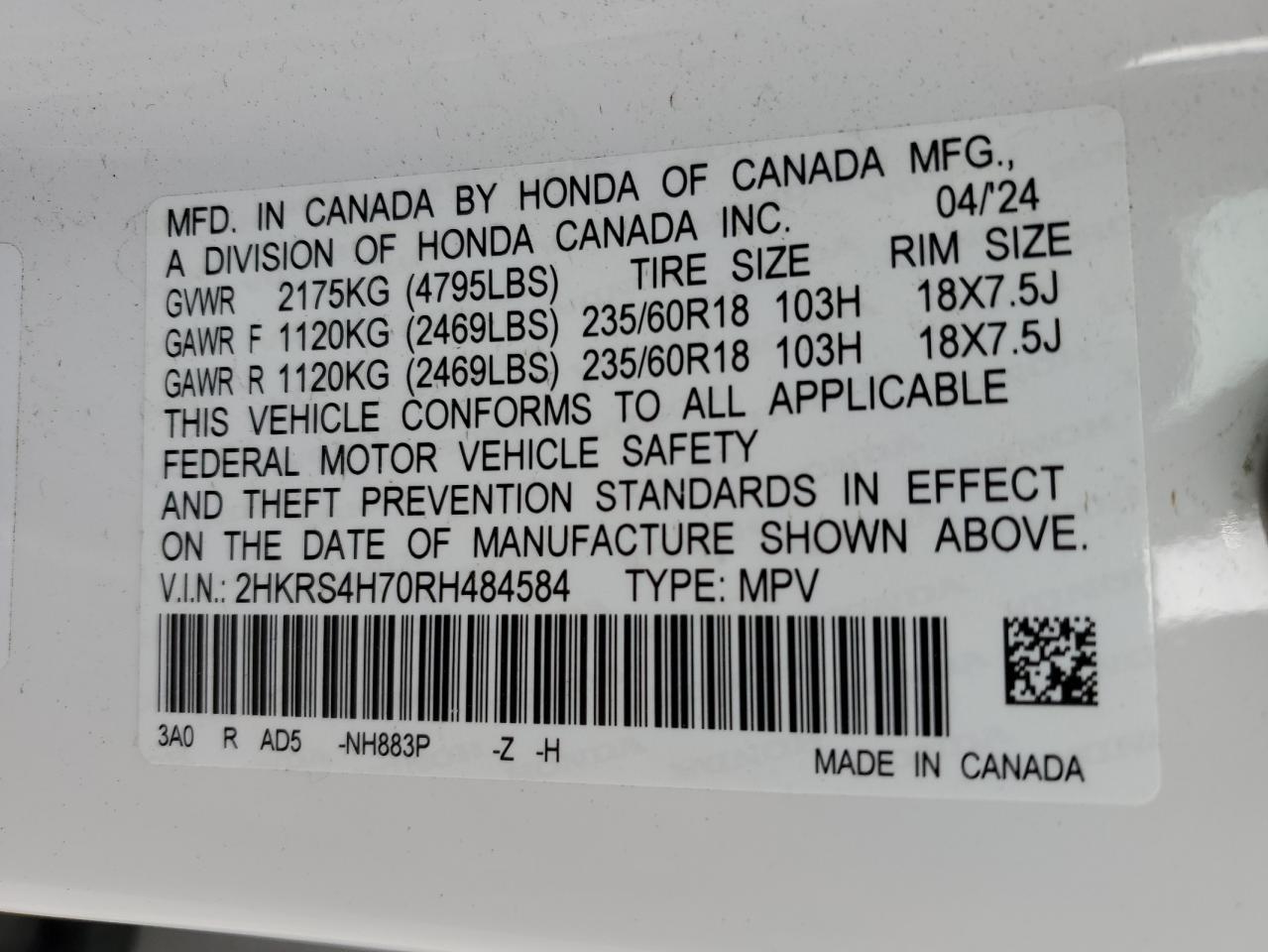 2024 Honda Cr-V Exl VIN: 2HKRS4H70RH484584 Lot: 80336965
