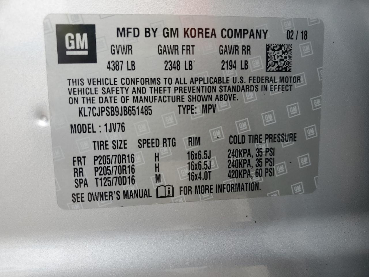 2018 Chevrolet Trax 1Lt VIN: KL7CJPSB9JB651485 Lot: 82062655