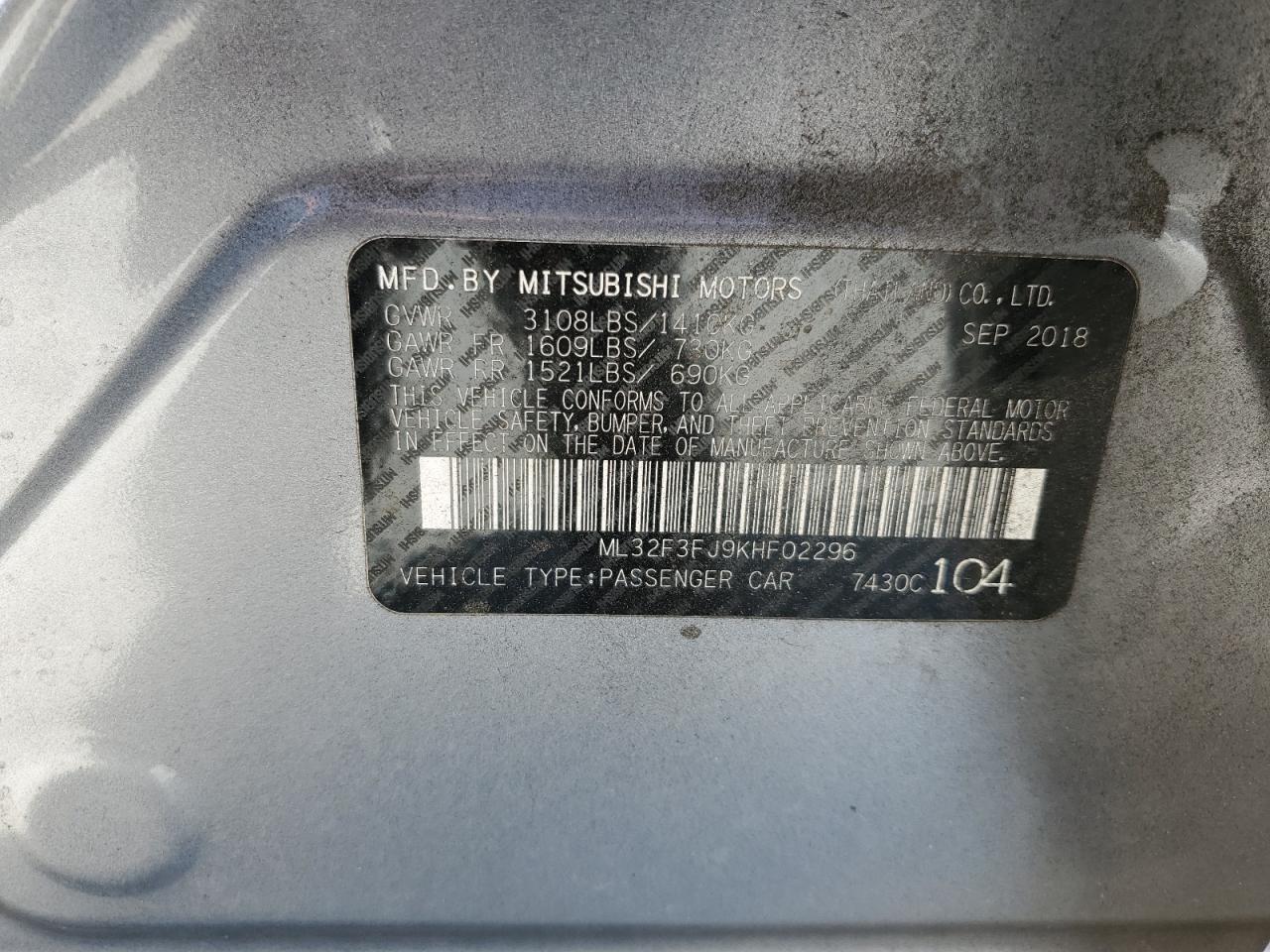 2019 Mitsubishi Mirage G4 Es VIN: ML32F3FJ9KHF02296 Lot: 72051355