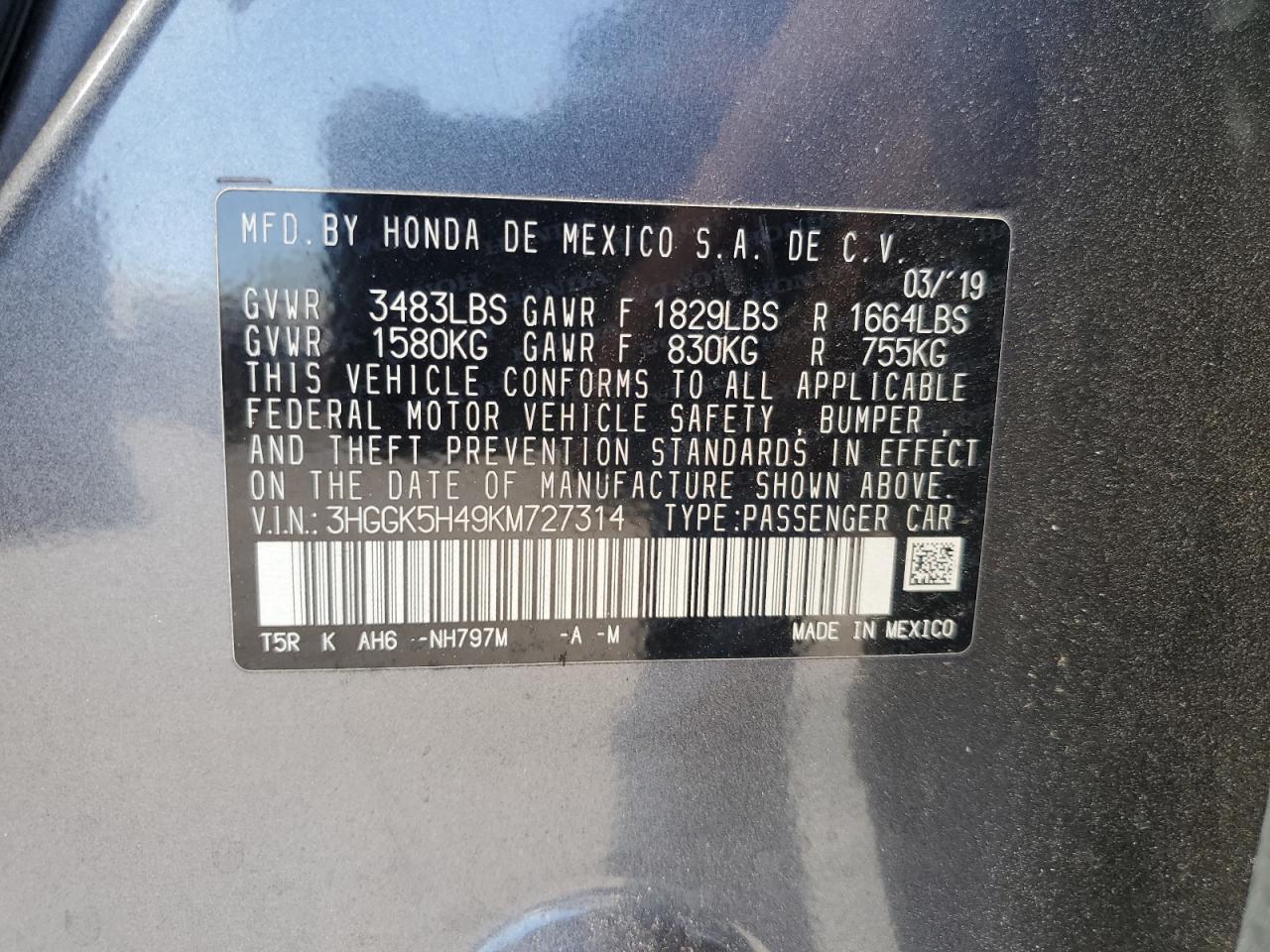2019 Honda Fit Lx VIN: 3HGGK5H49KM727314 Lot: 80533375