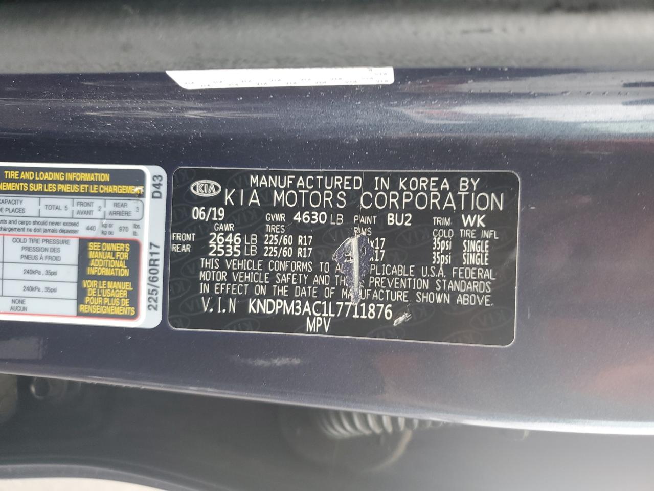 2020 Kia Sportage Lx VIN: KNDPM3AC1L7711876 Lot: 83775585