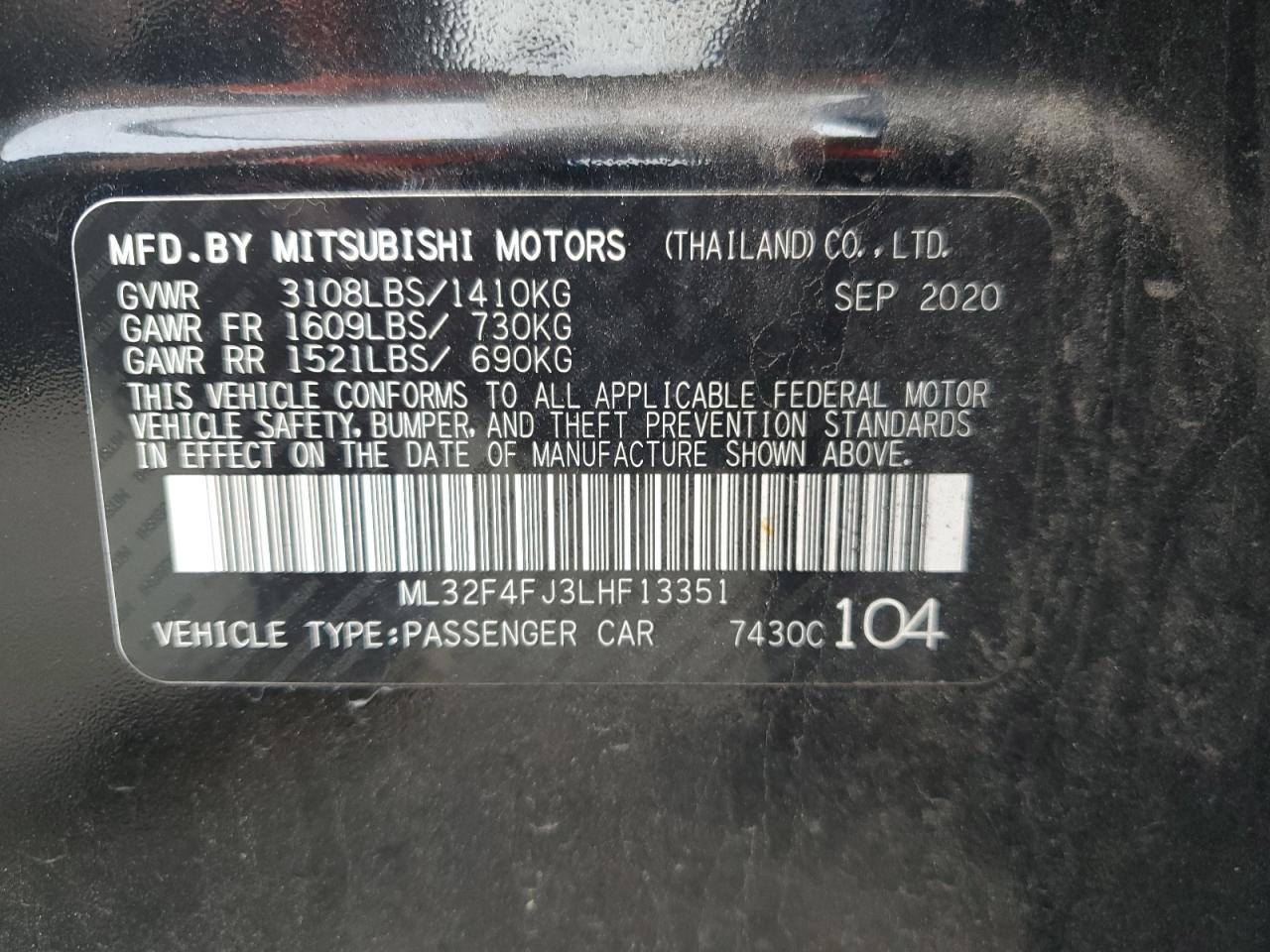 2020 Mitsubishi Mirage G4 Se VIN: ML32F4FJ3LHF13351 Lot: 80388665