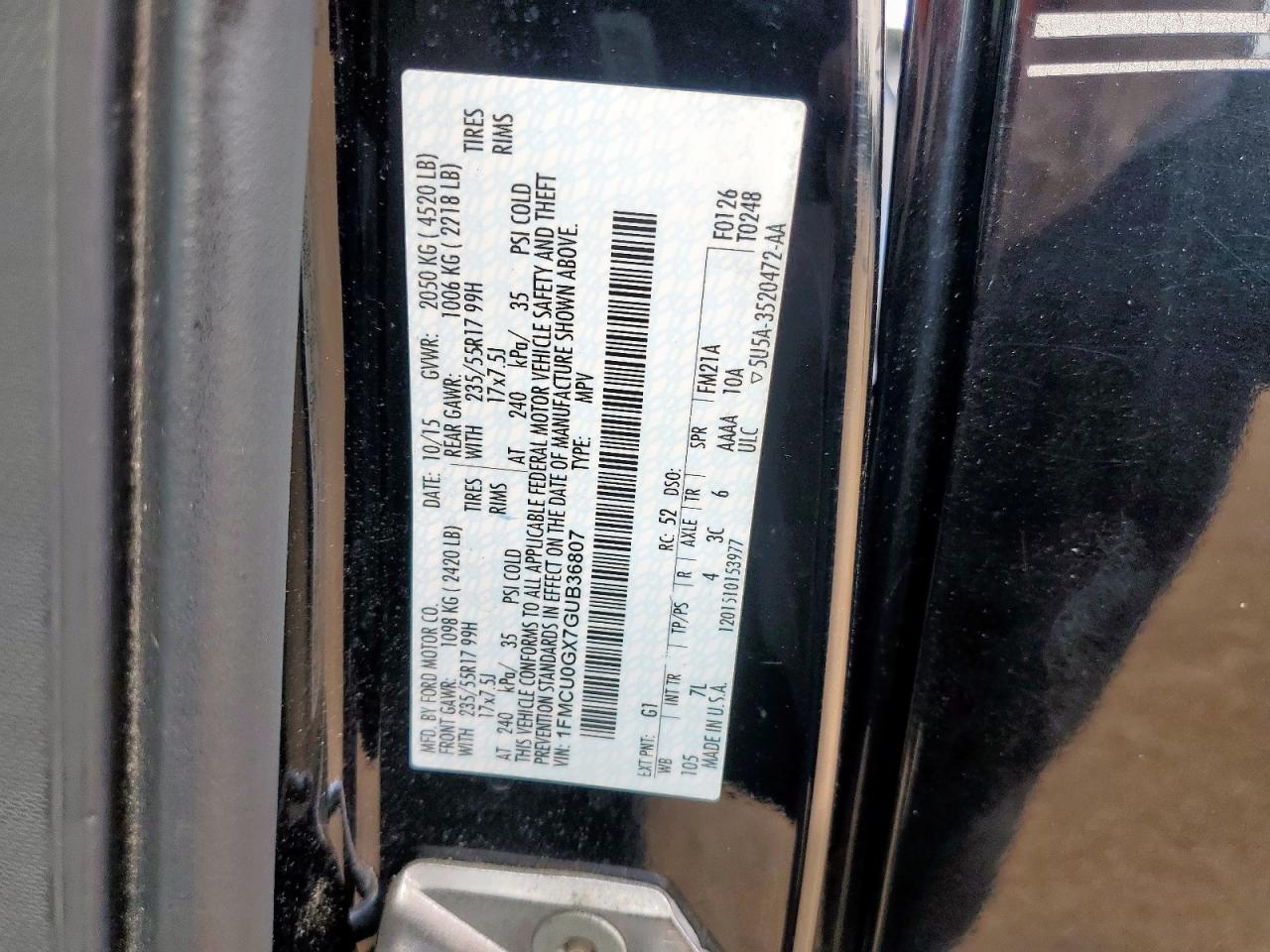 2016 Ford Escape Se VIN: 1FMCU0GX7GUB36807 Lot: 81594415