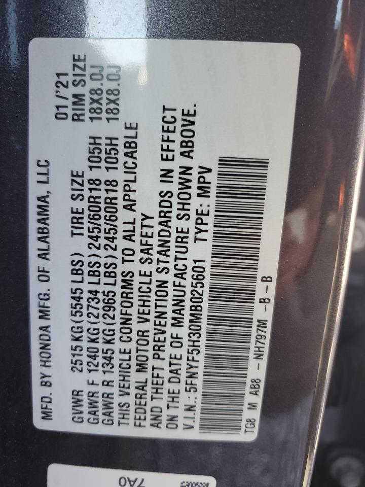 2021 Honda Pilot Ex VIN: 5FNYF5H30MB025601 Lot: 81847485