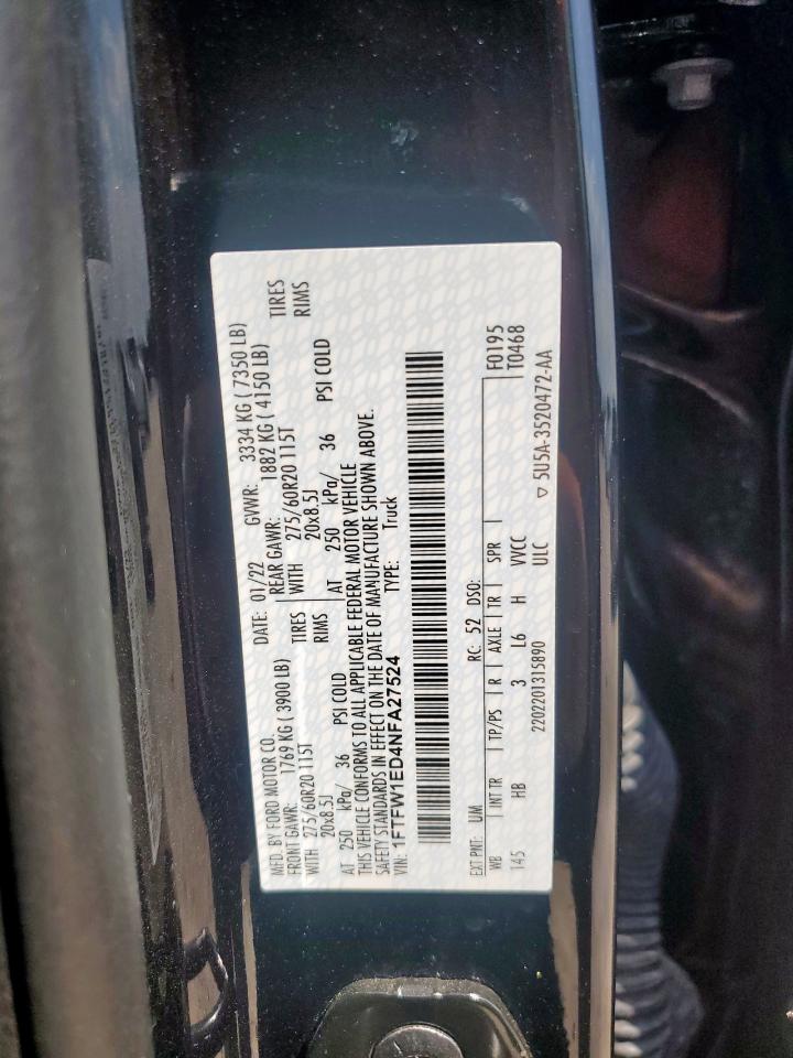 2022 Ford F150 Supercrew VIN: 1FTFW1ED4NFA27524 Lot: 80896525