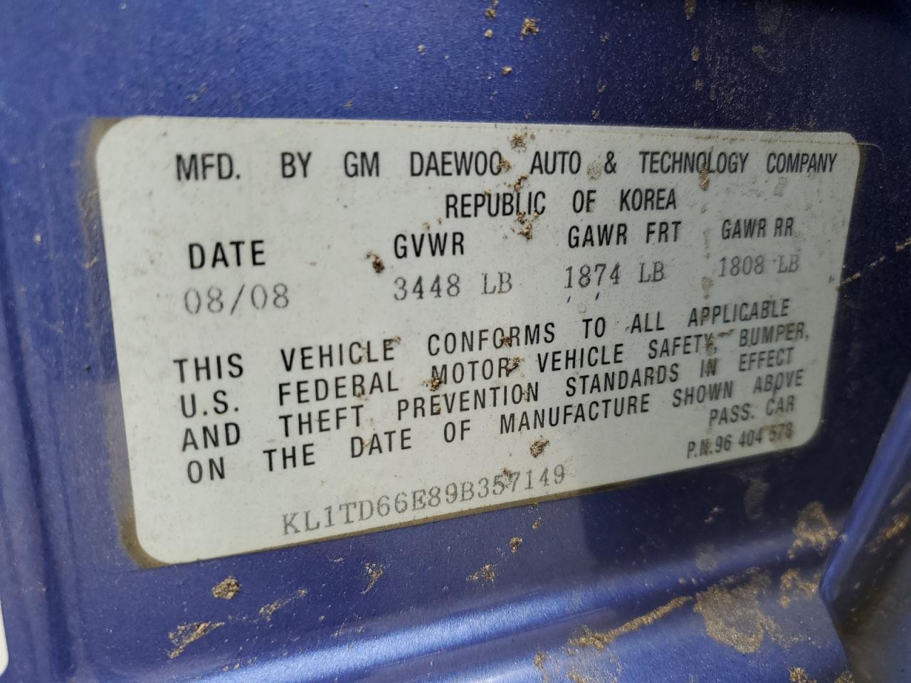 2009 Chevrolet Aveo Ls VIN: KL1TD66E89B357149 Lot: 71971035