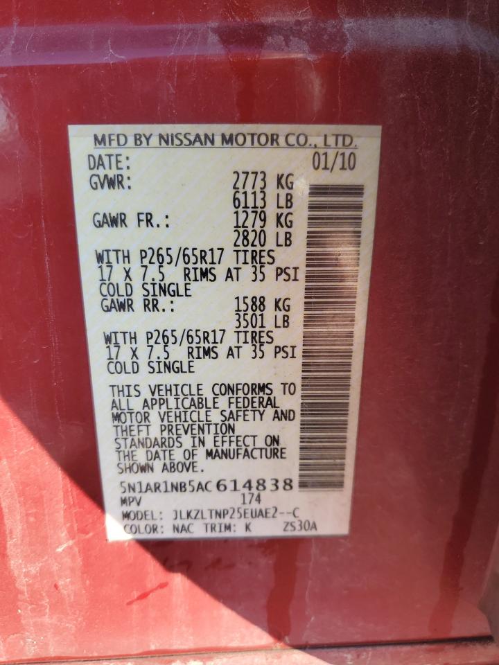 2010 Nissan Pathfinder S VIN: 5N1AR1NB5AC614838 Lot: 84002635