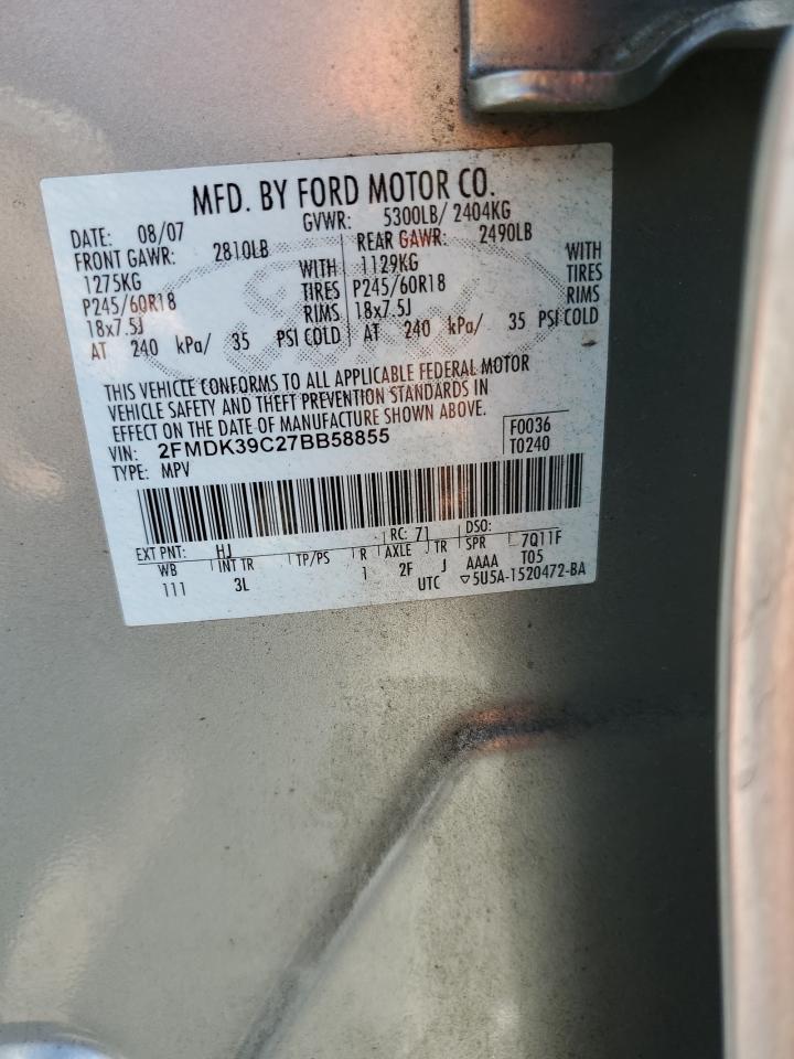 2007 Ford Edge Sel Plus VIN: 2FMDK39C27BB58855 Lot: 80949195