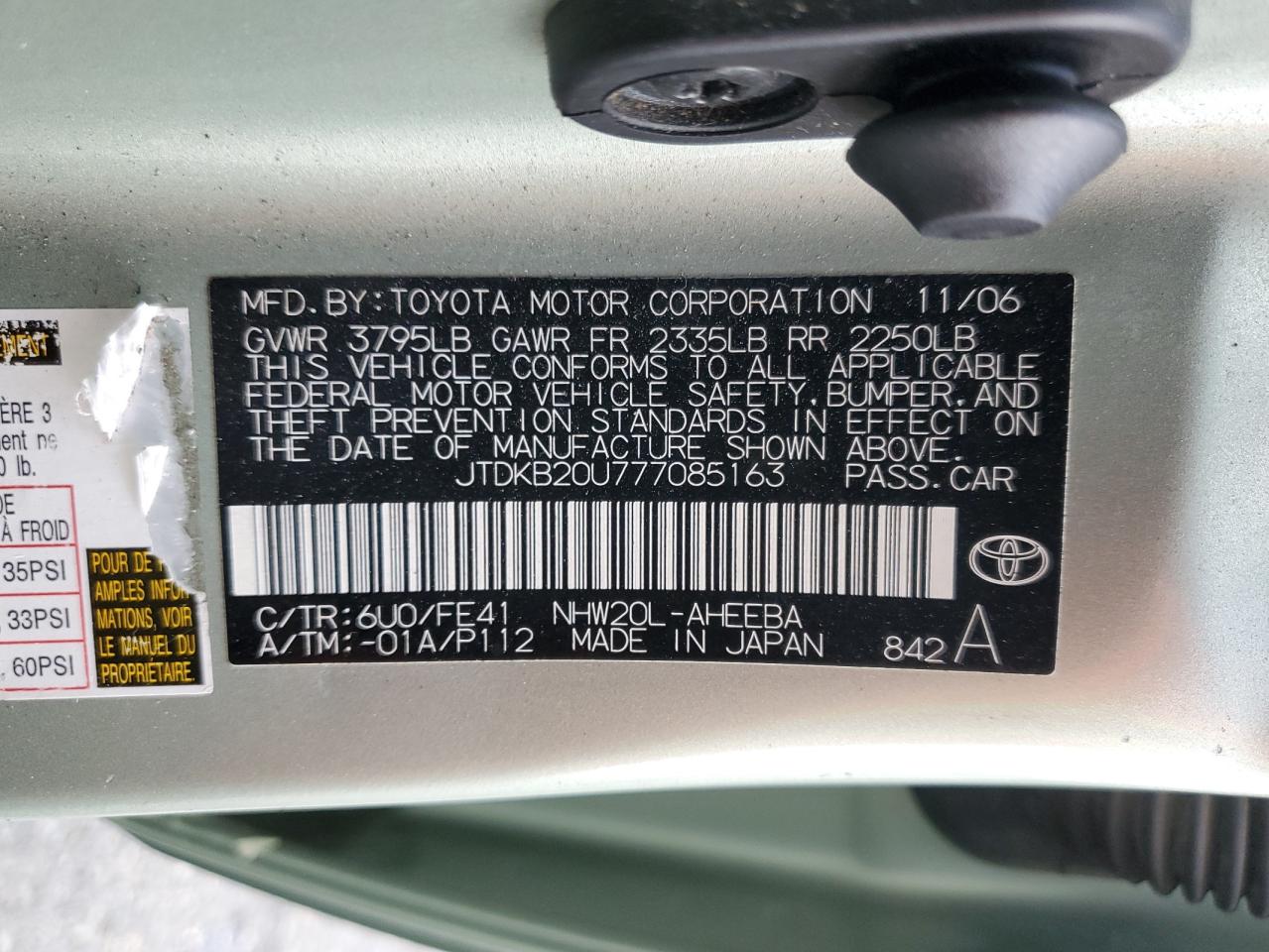 2007 Toyota Prius VIN: JTDKB20U777085163 Lot: 80069045