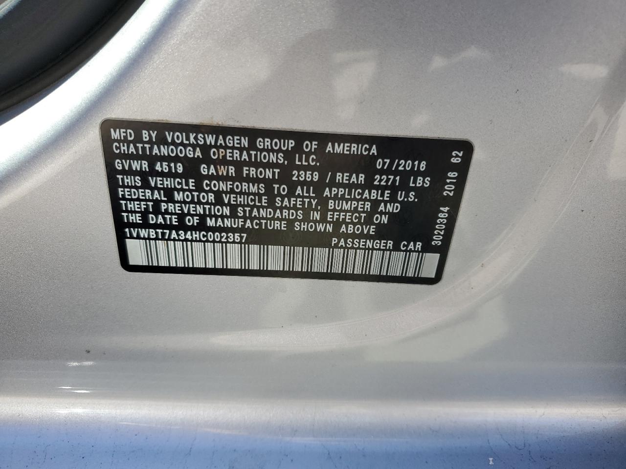 2017 Volkswagen Passat Se VIN: 1VWBT7A34HC002357 Lot: 80821635