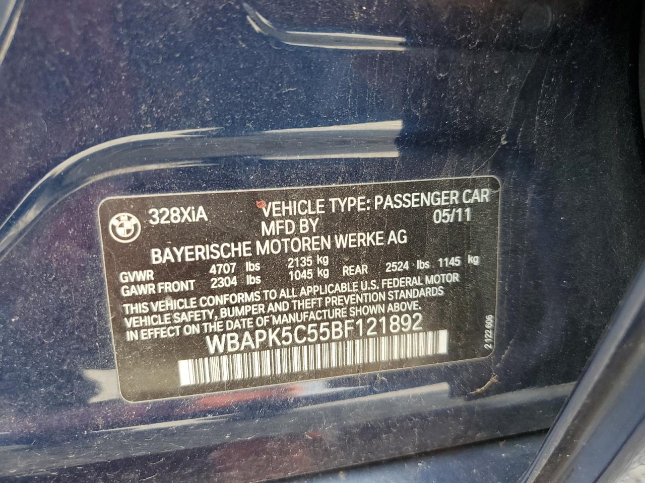 2011 BMW 328 Xi Sulev VIN: WBAPK5C55BF121892 Lot: 81859265