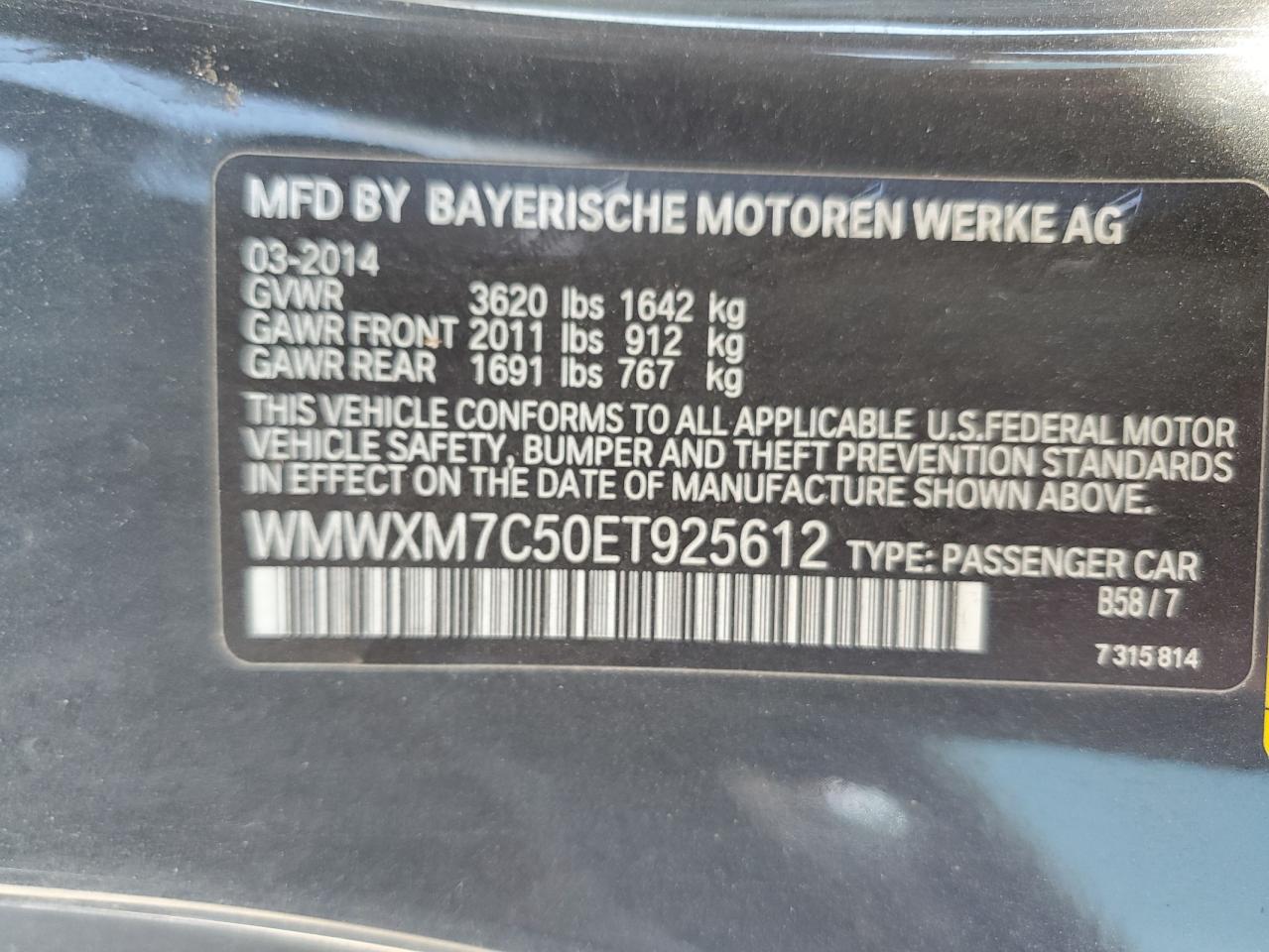 2014 Mini Cooper S VIN: WMWXM7C50ET925612 Lot: 71691135