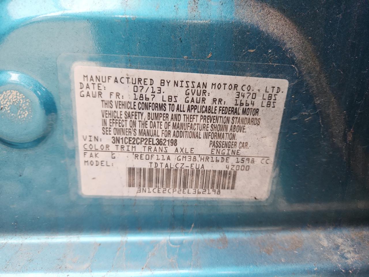 2014 Nissan Versa Note S VIN: 3N1CE2CP2EL362198 Lot: 80544255