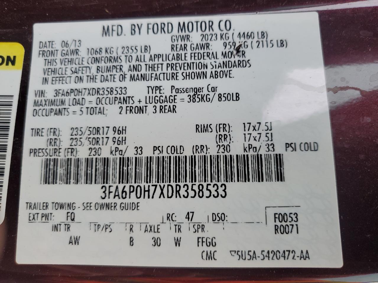 2013 Ford Fusion Se VIN: 3FA6P0H7XDR358533 Lot: 80858415