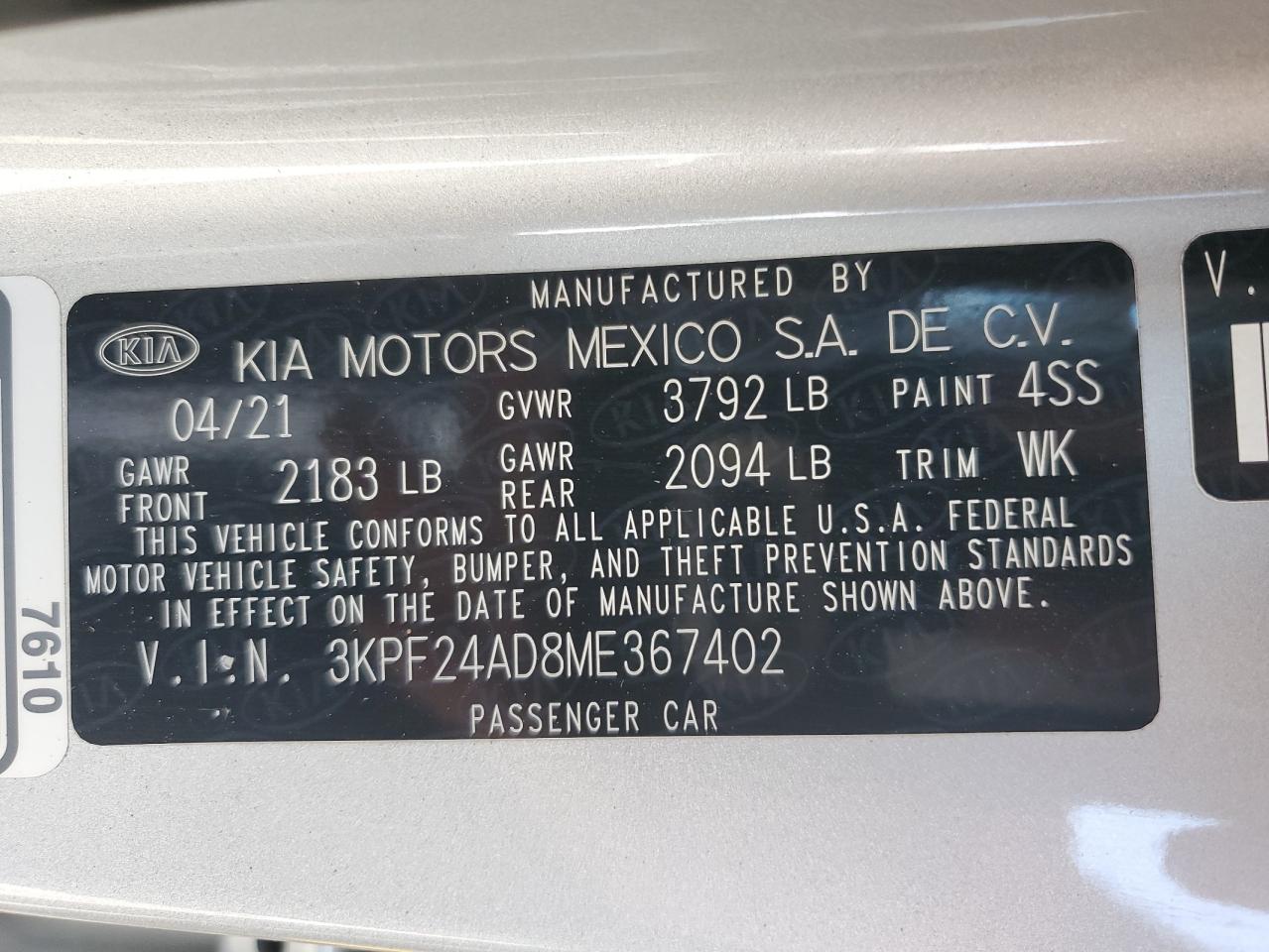 2021 Kia Forte Fe VIN: 3KPF24AD8ME367402 Lot: 80245205