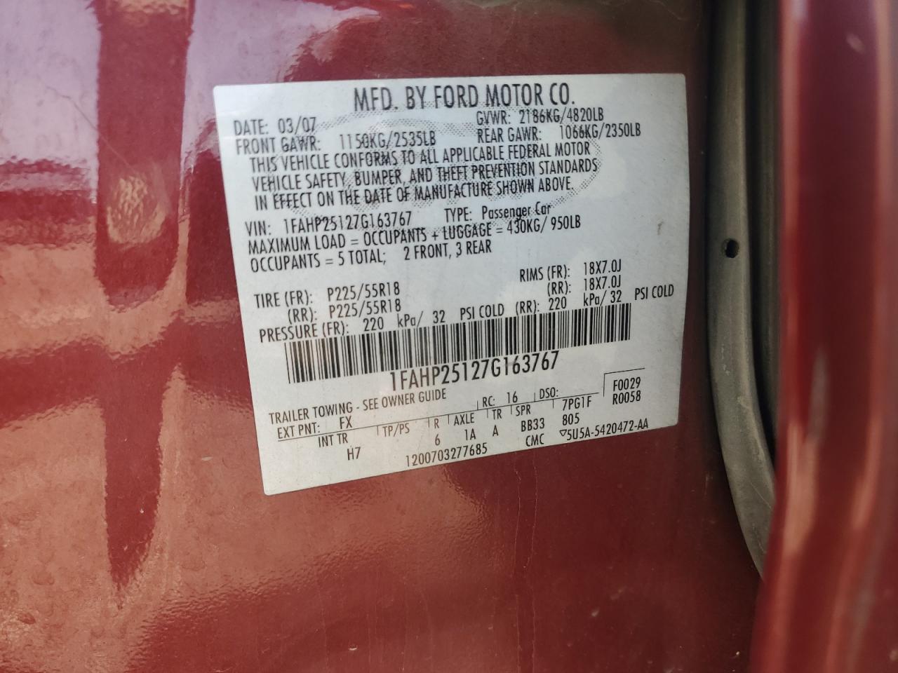 2007 Ford Five Hundred Limited VIN: 1FAHP25127G163767 Lot: 80076295