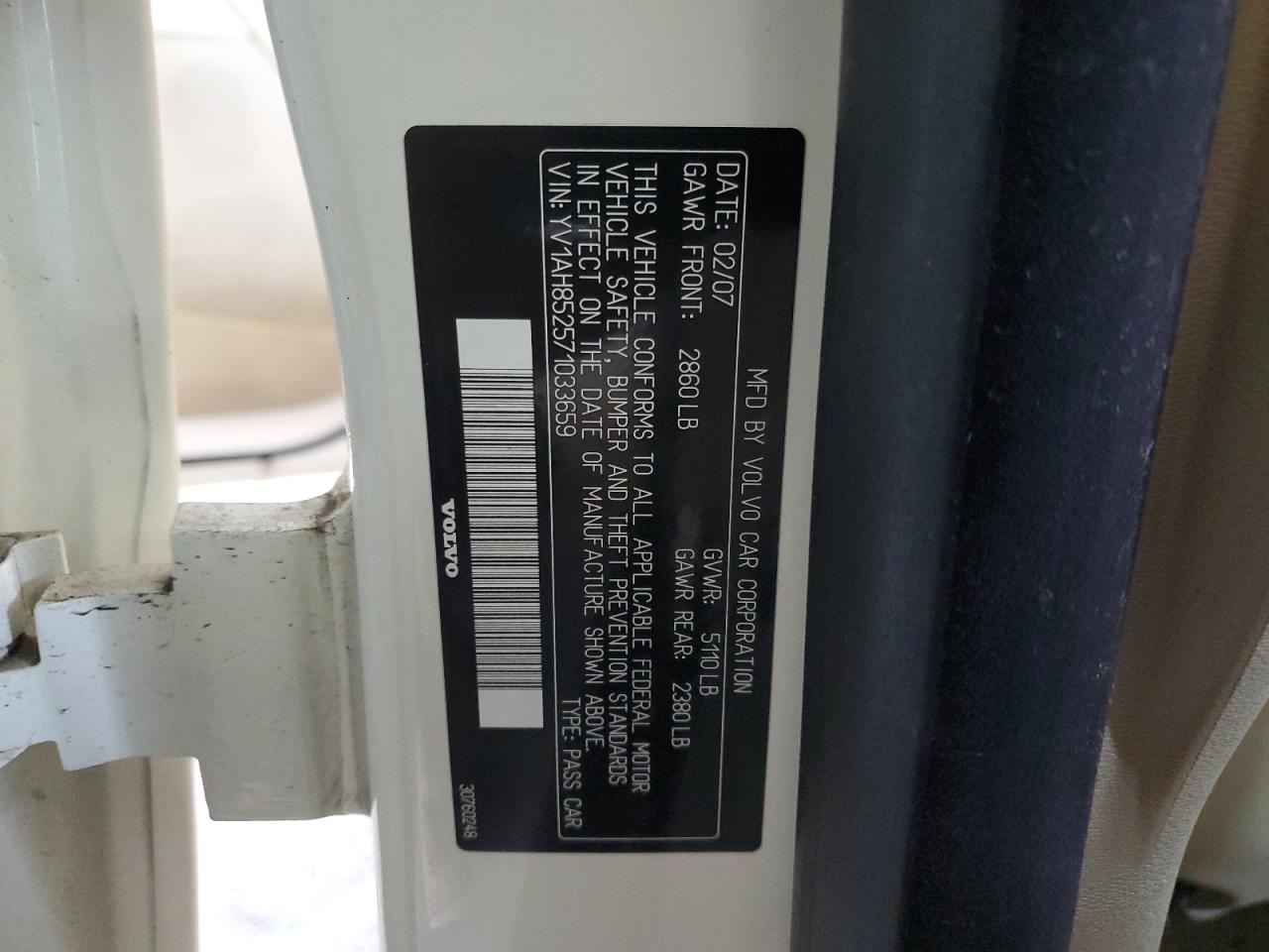 2007 Volvo S80 V8 VIN: YV1AH852571033659 Lot: 80538885