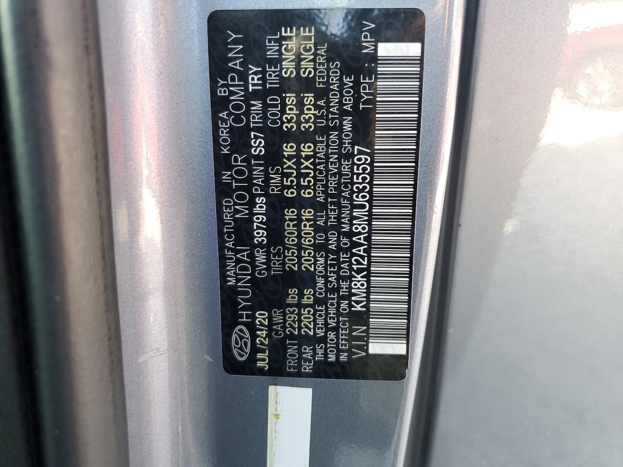 2021 Hyundai Kona Se VIN: KM8K12AA8MU635597 Lot: 81253425