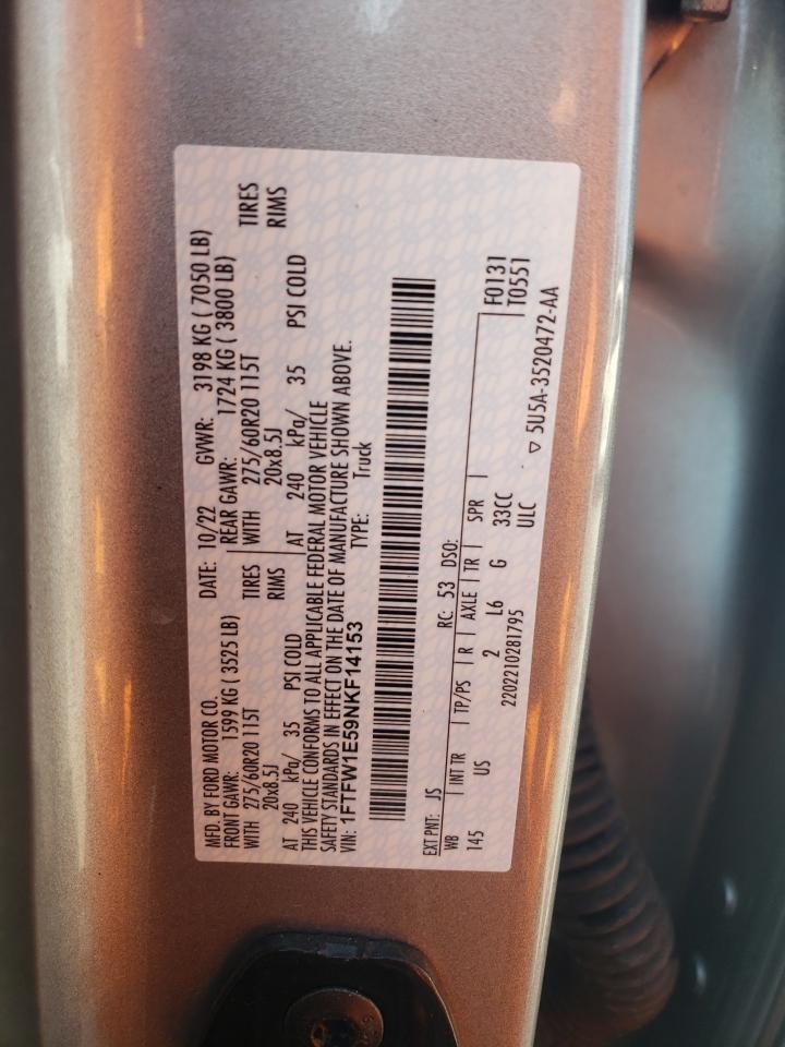 2022 Ford F150 Supercrew VIN: 1FTFW1E59NKF14153 Lot: 71897025