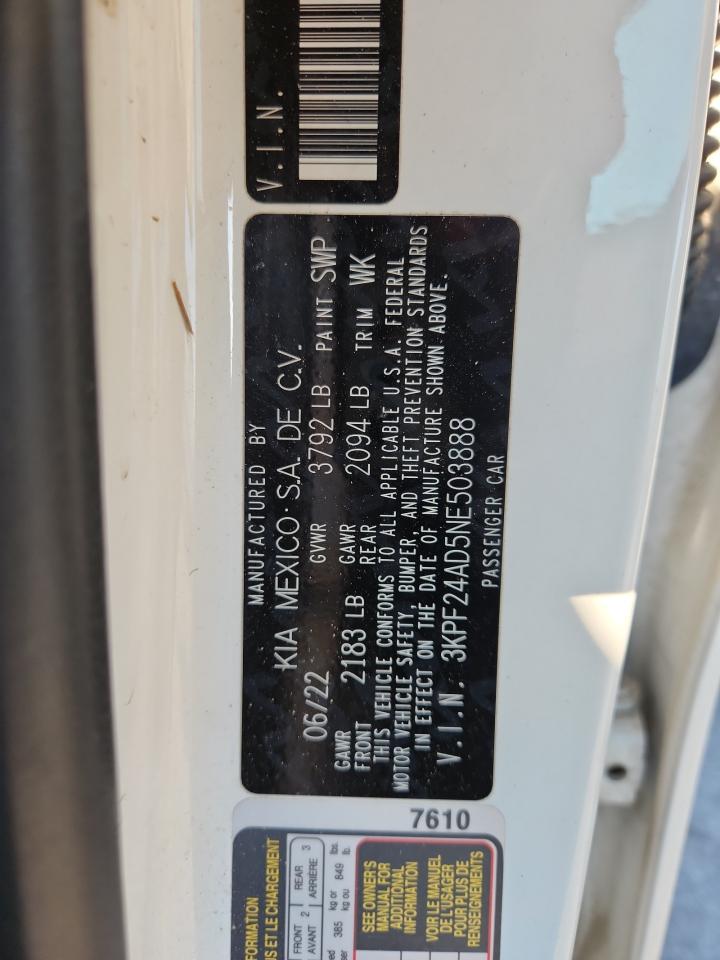 2022 Kia Forte Fe VIN: 3KPF24AD5NE503888 Lot: 80515755