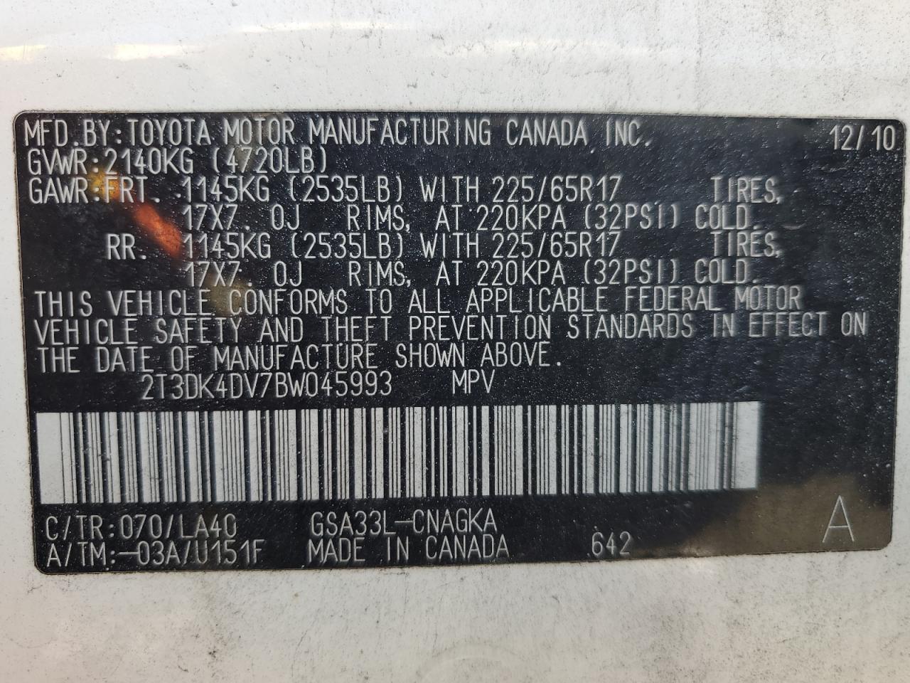 2011 Toyota Rav4 Limited VIN: 2T3DK4DV7BW045993 Lot: 83990595