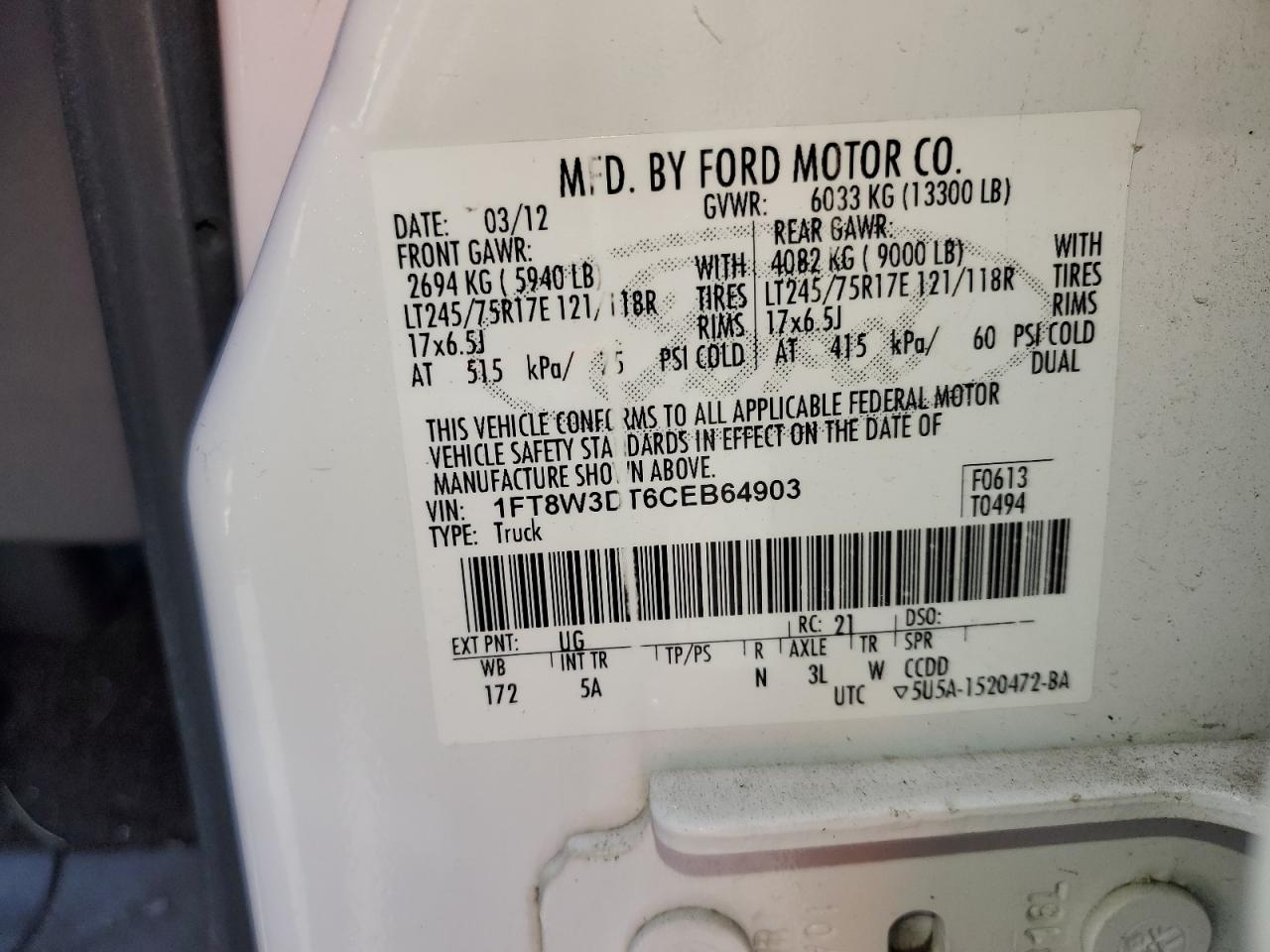 2012 Ford F350 Super Duty VIN: 1FT8W3DT6CEB64903 Lot: 80503735