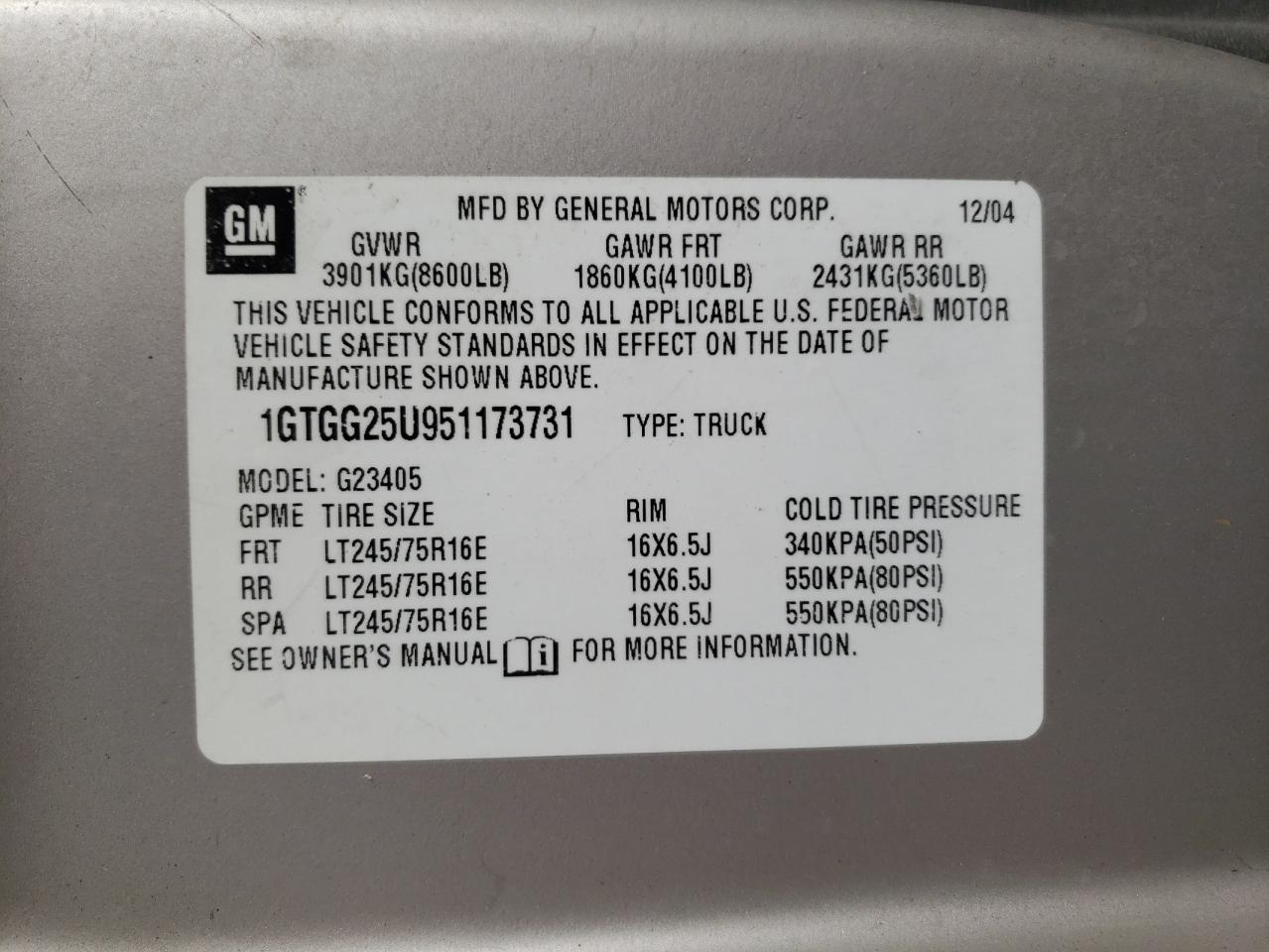 2005 GMC Savana G2500 VIN: 1GTGG25U951173731 Lot: 81837885
